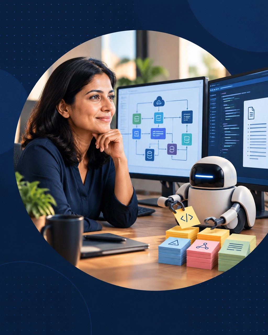 Software professional reviewing higher-level systems work while an AI assistant handles repetitive documentation