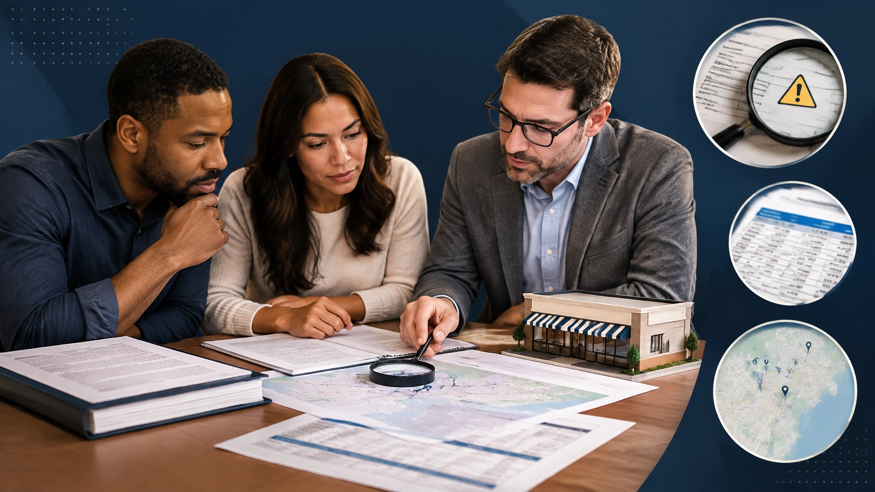 Prospective franchise owners review a disclosure document, cash-flow worksheet, location map, and storefront model with an advisor