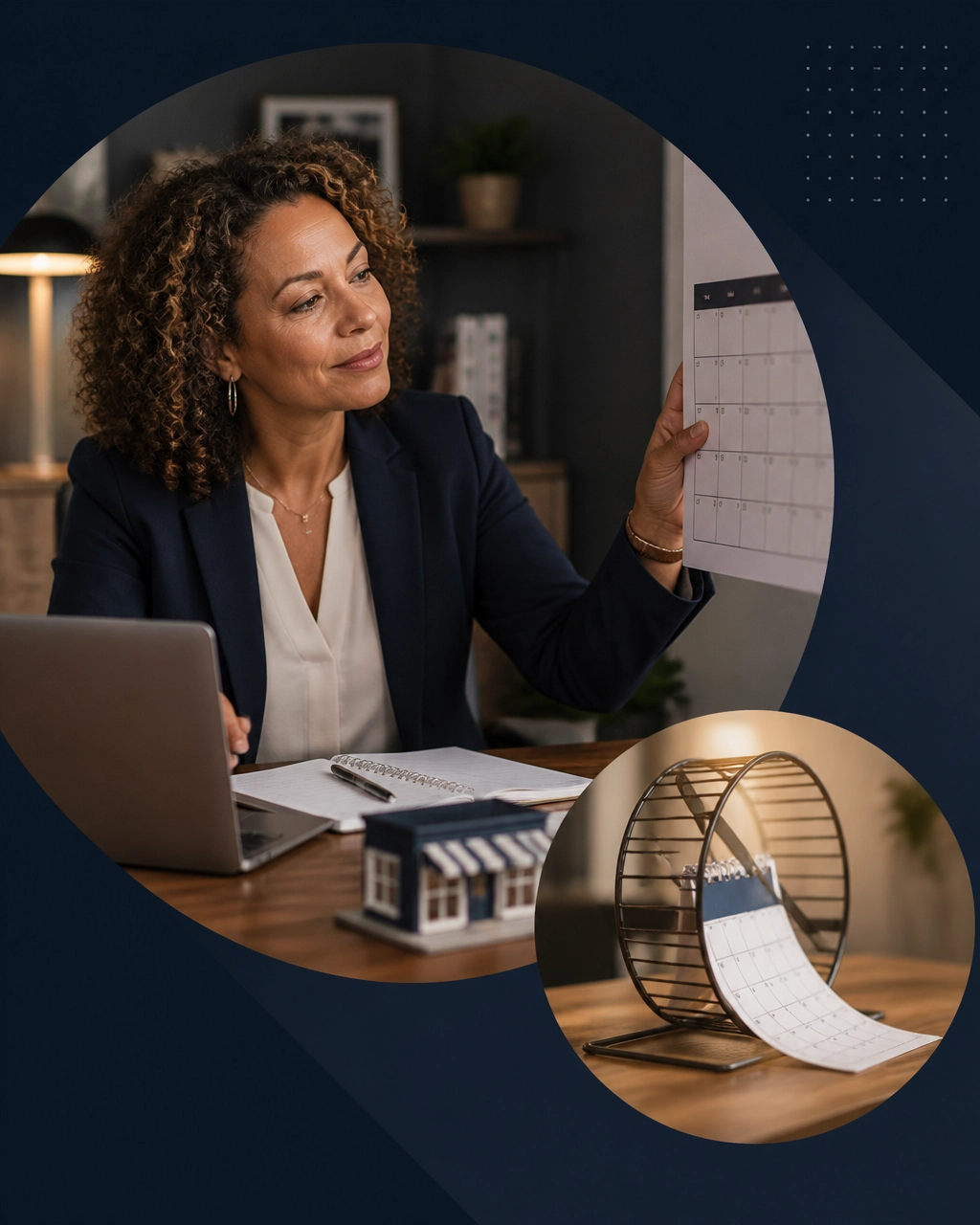 Professional woman reviewing a calendar as it escapes a hamster wheel, symbolizing control over time after burnout or empty nesting