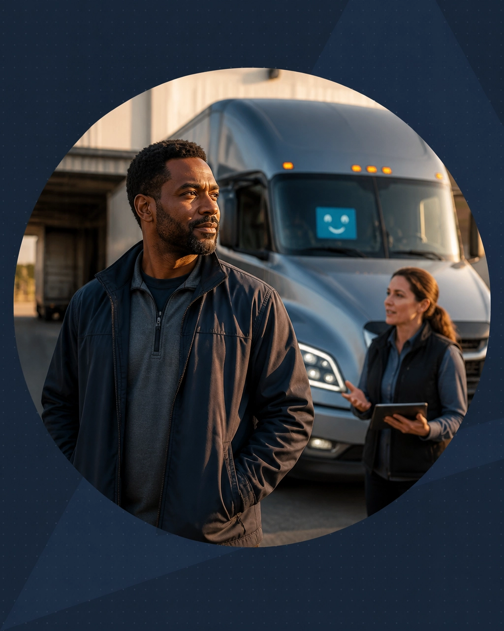 Truck driver and operations manager assessing the future of autonomous freight