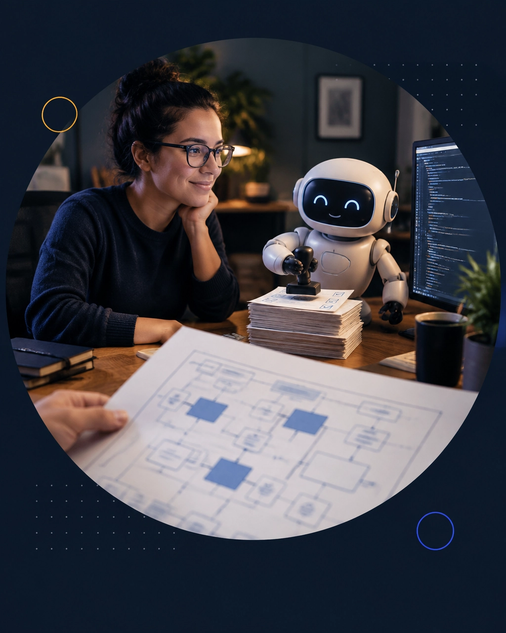 A software professional works beside a friendly robot that stamps routine code review tickets while a human architecture blueprint remains in the foreground