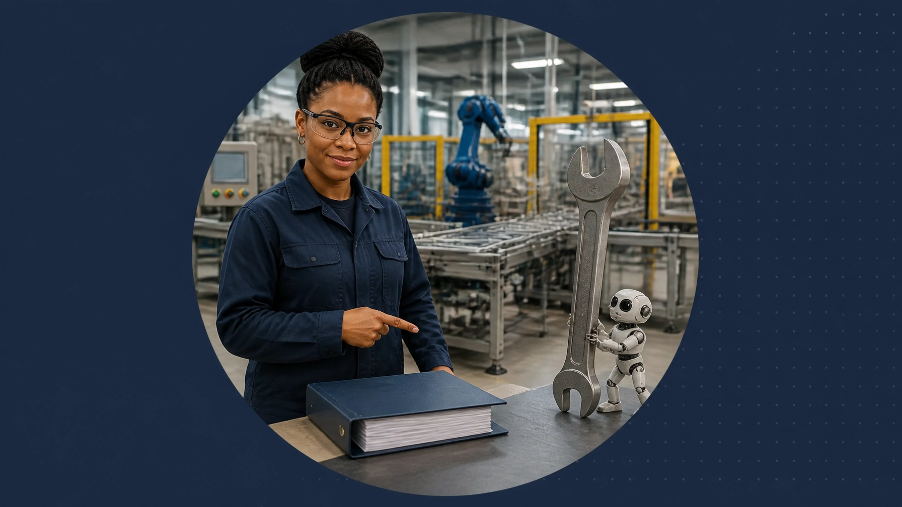 Manufacturing professional evaluating a franchise operating system while a tiny robot struggles with a massive wrench