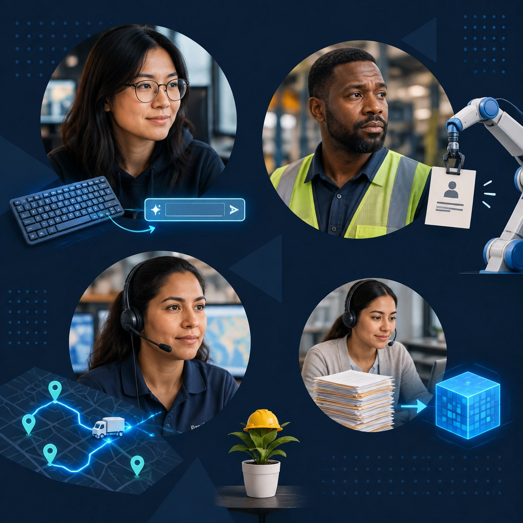 AI and automation visualized across coding, manufacturing, logistics, customer service, and back-office work