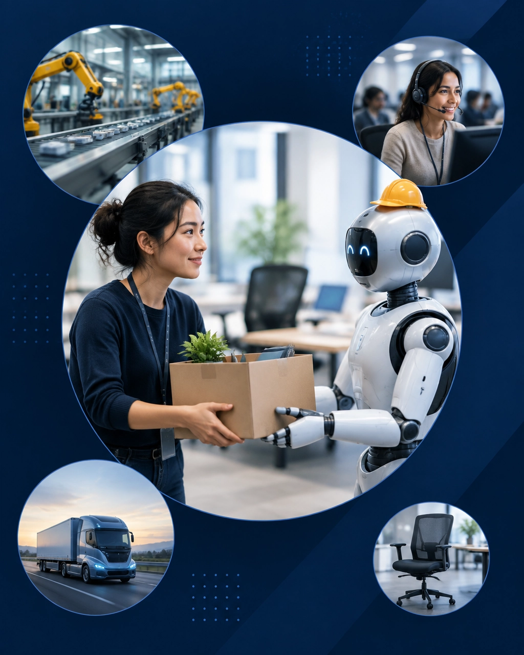 A professional hands a moving box to a friendly robot while manufacturing, customer service, and autonomous trucking scenes appear in the background