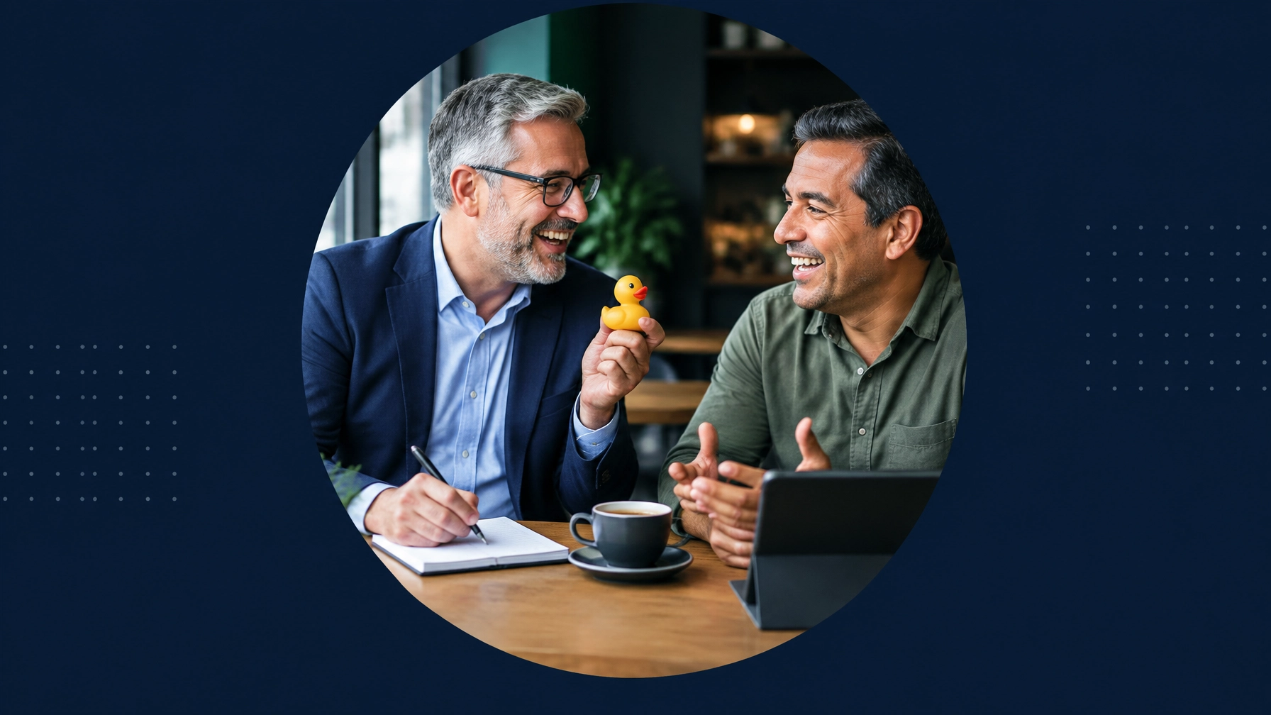 Two fictional business professionals discussing franchise ownership with a rubber duck used as a humorous microphone