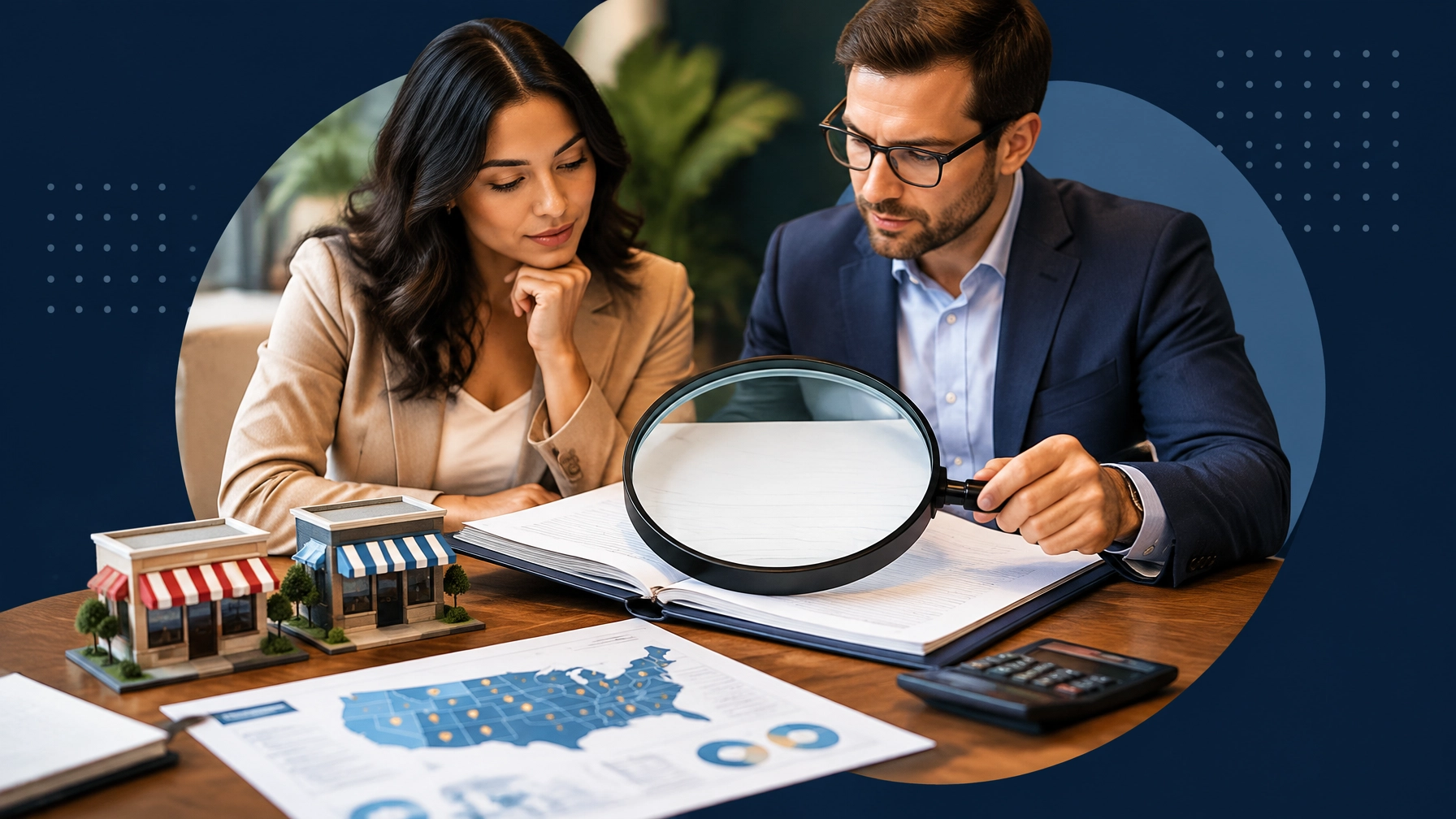 Prospective franchise buyers reviewing an FDD, market map, and financial documents