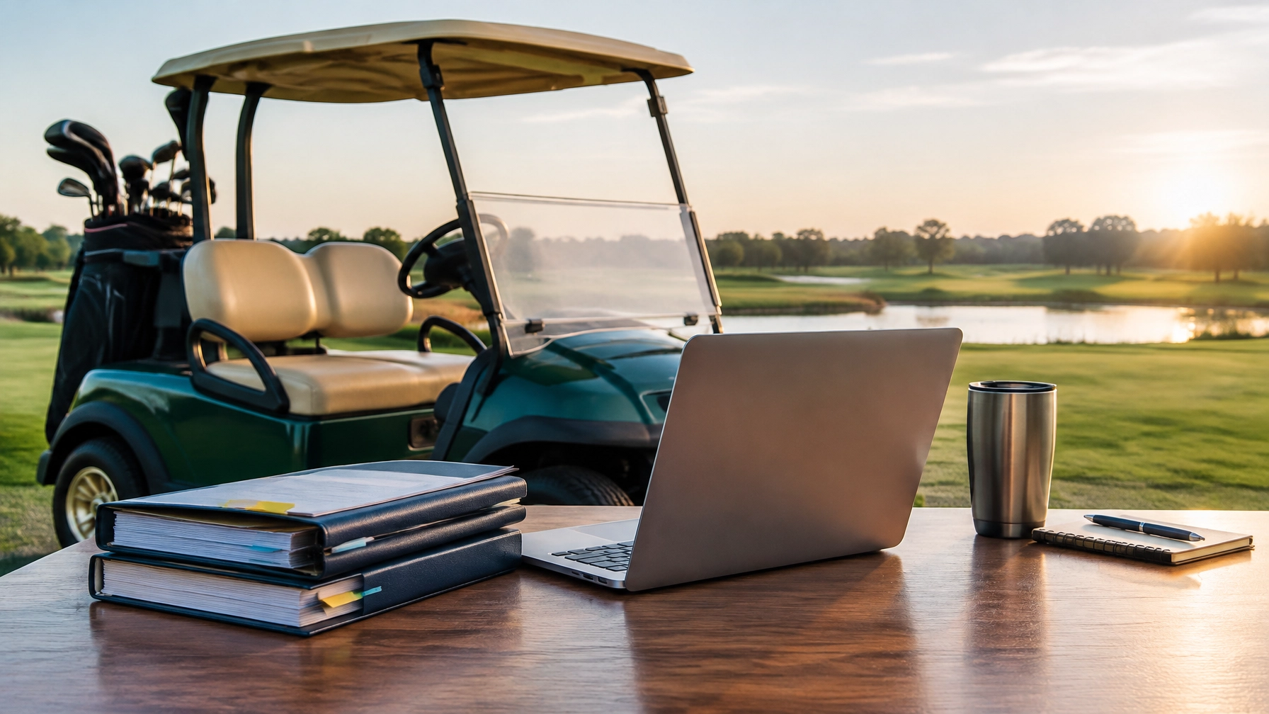 Golf cart parked beside a laptop and business files to symbolize retirement shifting from idle time to purposeful work