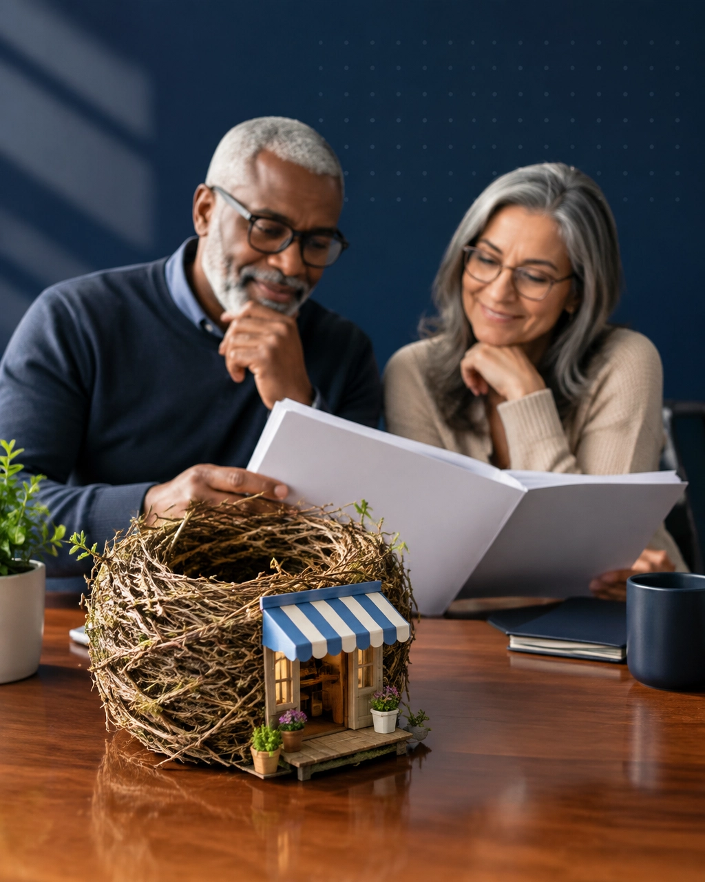 An older couple reviewing business plans beside an empty nest transformed into a tiny storefront