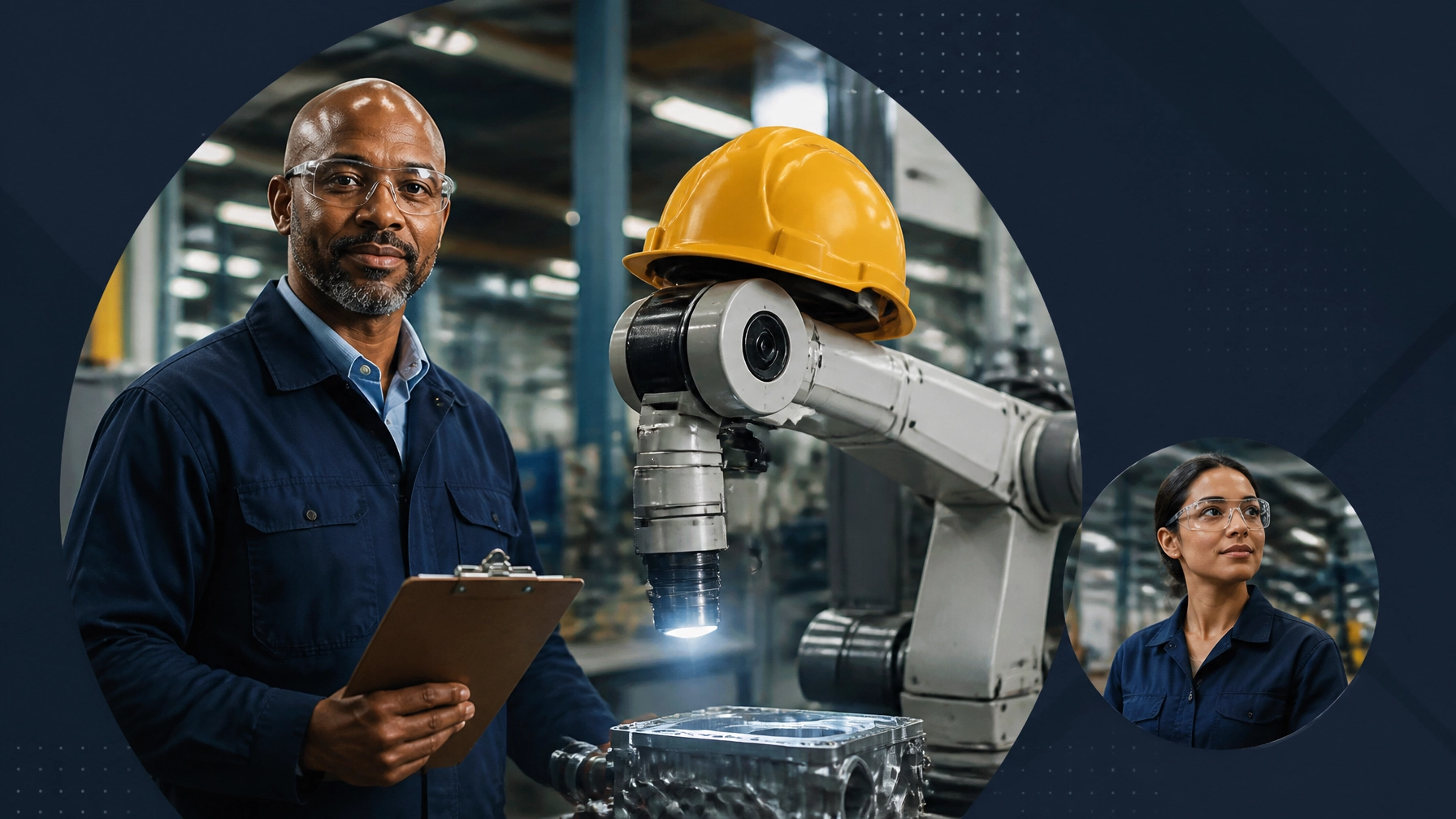 Manufacturing supervisor reviewing production quality beside an industrial robot wearing a safety helmet
