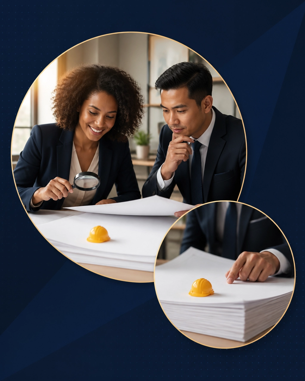 A professional attorney and accountant examine an oversized business document with a magnifying glass and a tiny hard hat, creating a humorous due-diligence metaphor
