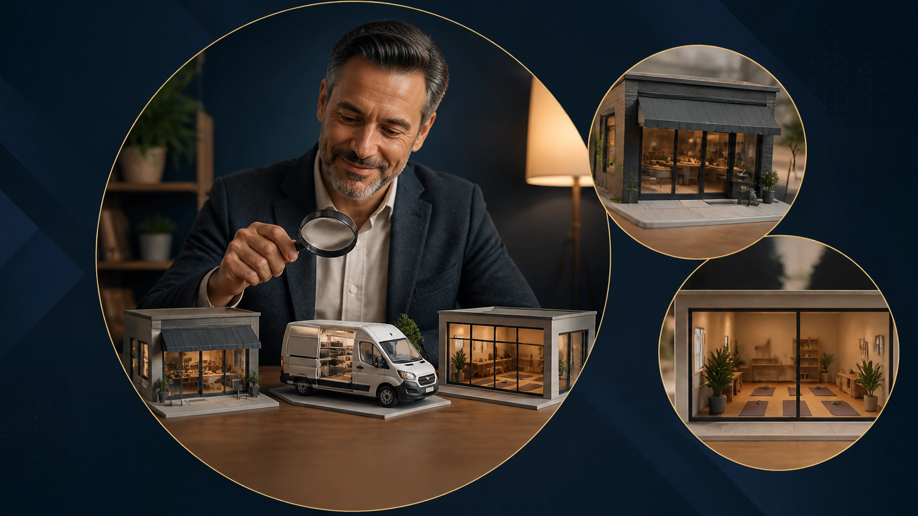 A professional entrepreneur comparing a storefront, mobile service van, and wellness studio models with a magnifying glass