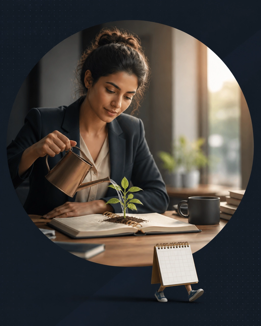 A professional entrepreneur waters a small green plant growing from an open business notebook while a tiny calendar in running shoes takes a step forward