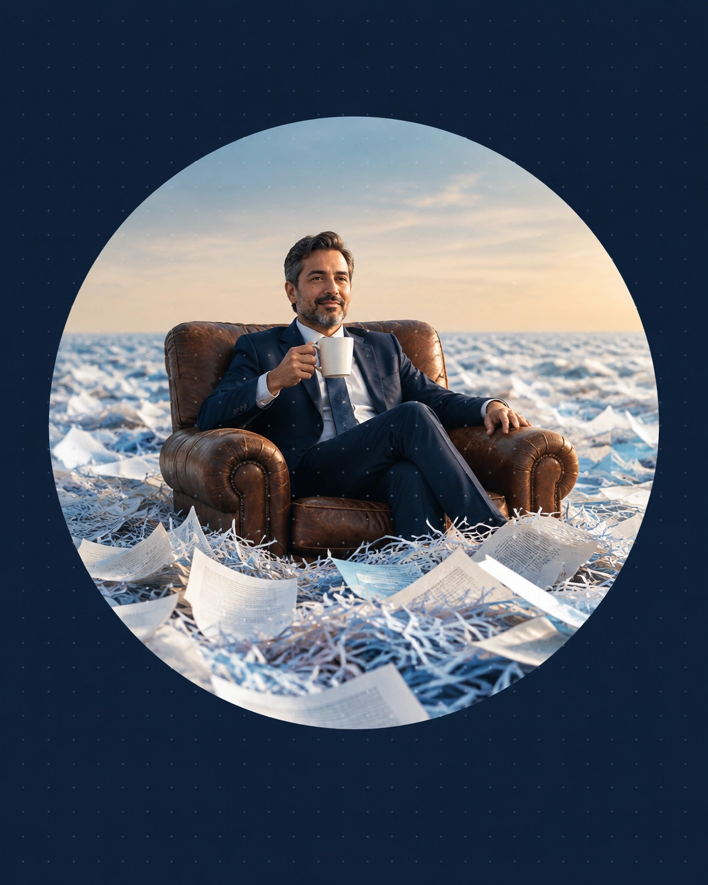 Professional man relaxing in a leather office-chair life raft above shredded performance reviews