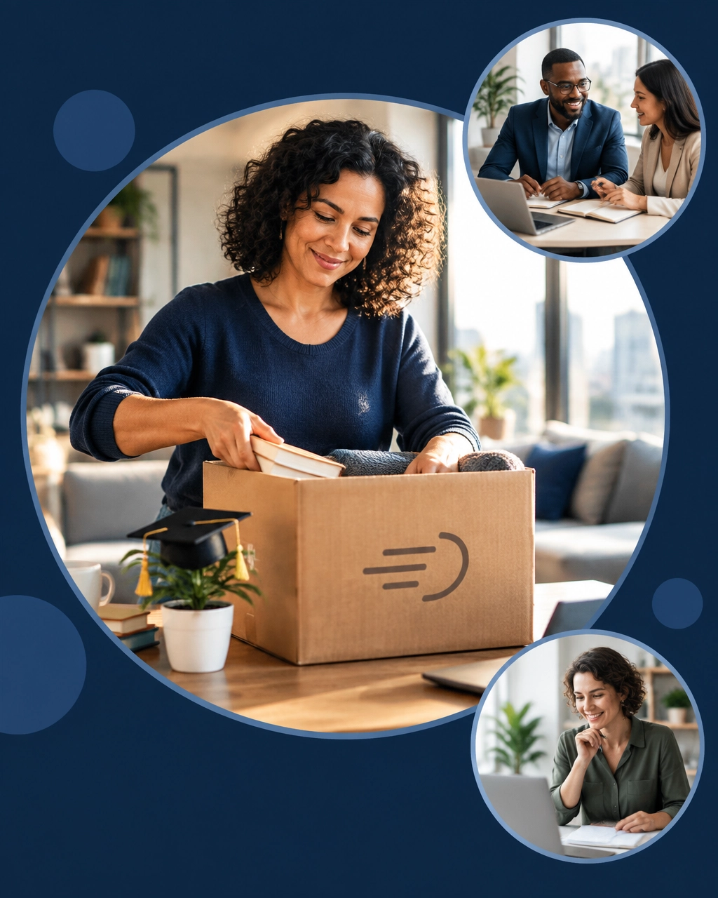 Woman packing a box while planning a fresh start, with a small graduation-capped plant nearby