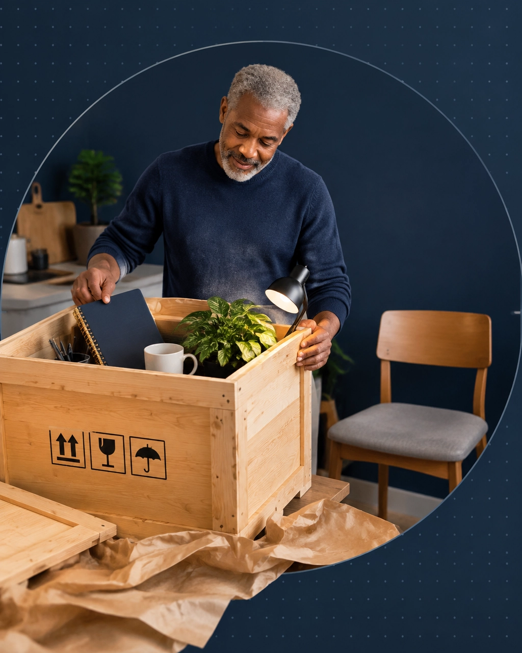 Older professional unpacking an oversized business crate containing a planner, plant, lamp, and office supplies