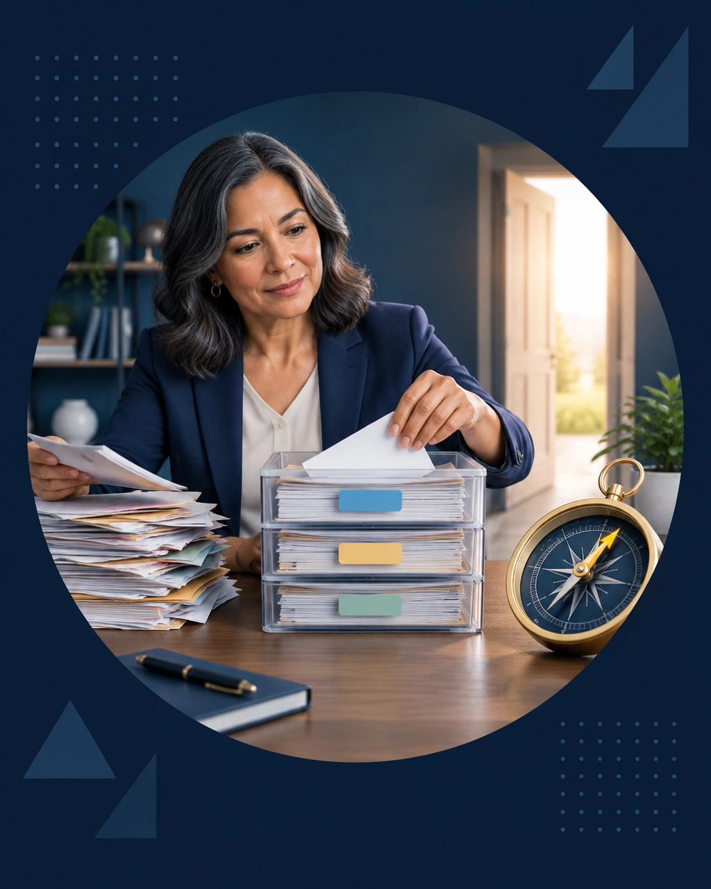 Professional woman organizing life-transition documents beside a compass and an open doorway