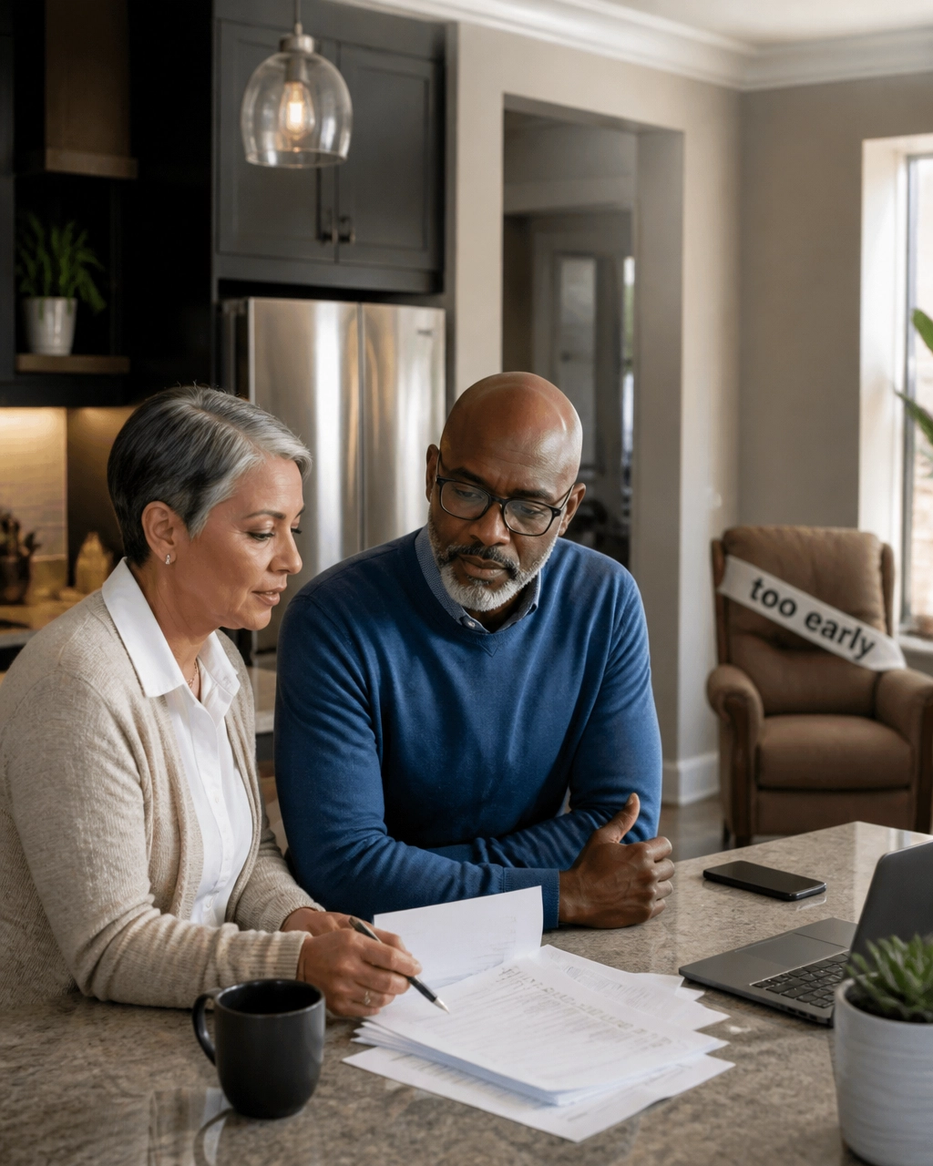 A retirement-age couple reviews a business checklist while an unused lounge chair hints that slowing down can wait