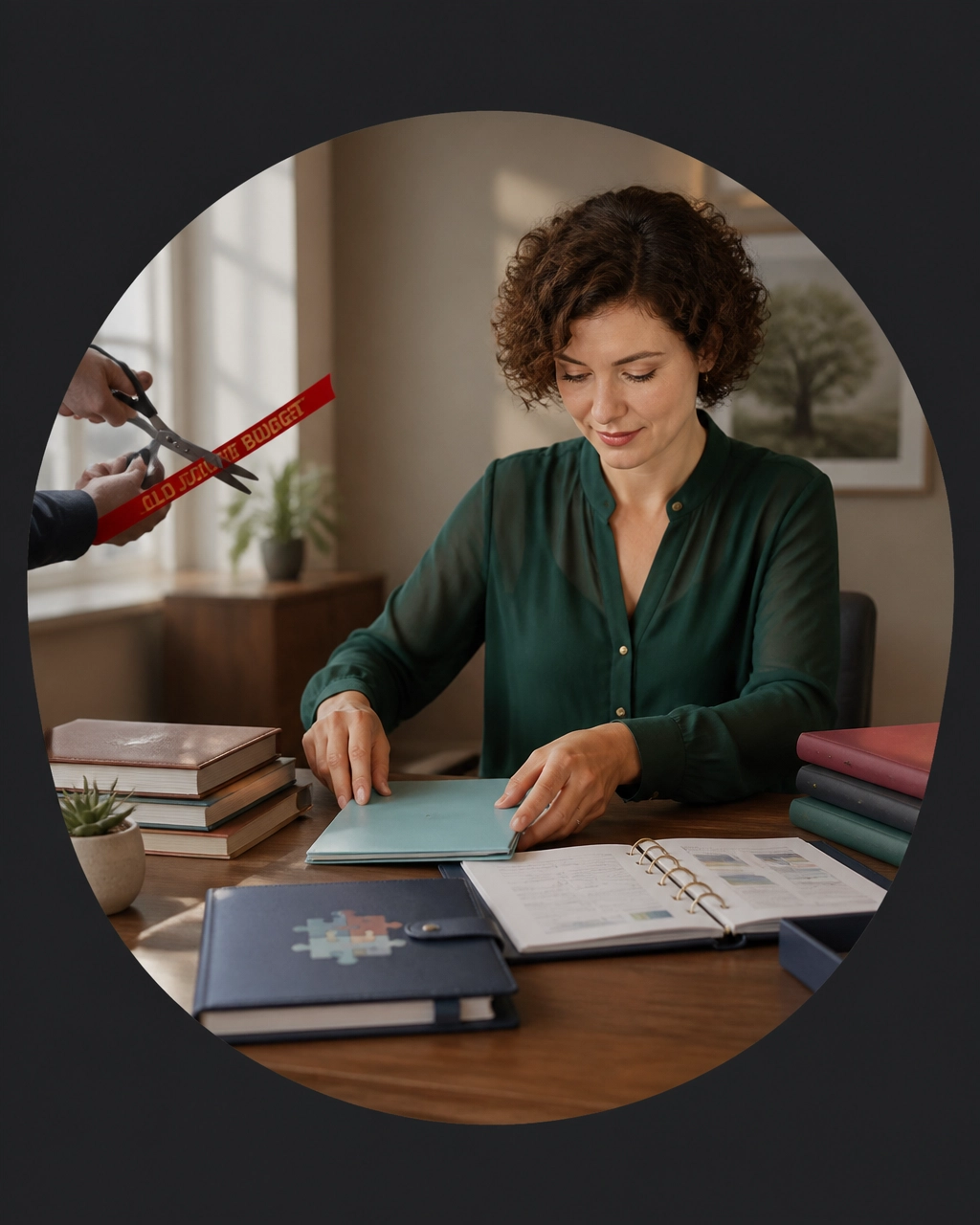 A professional organizes a new financial plan after divorce with a modular business playbook and a subtle reset metaphor