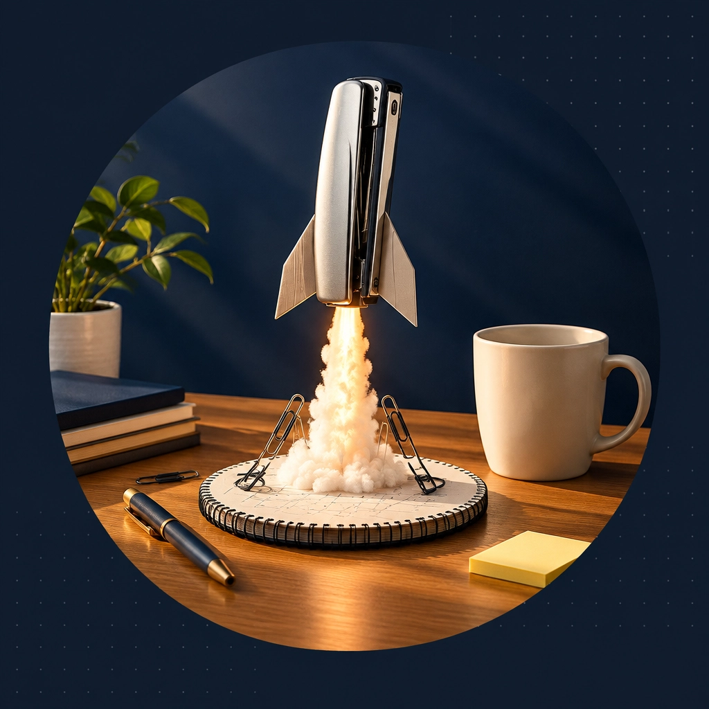 A silver office stapler transformed into a tiny rocket launches from a desk calendar beside coffee and notebooks