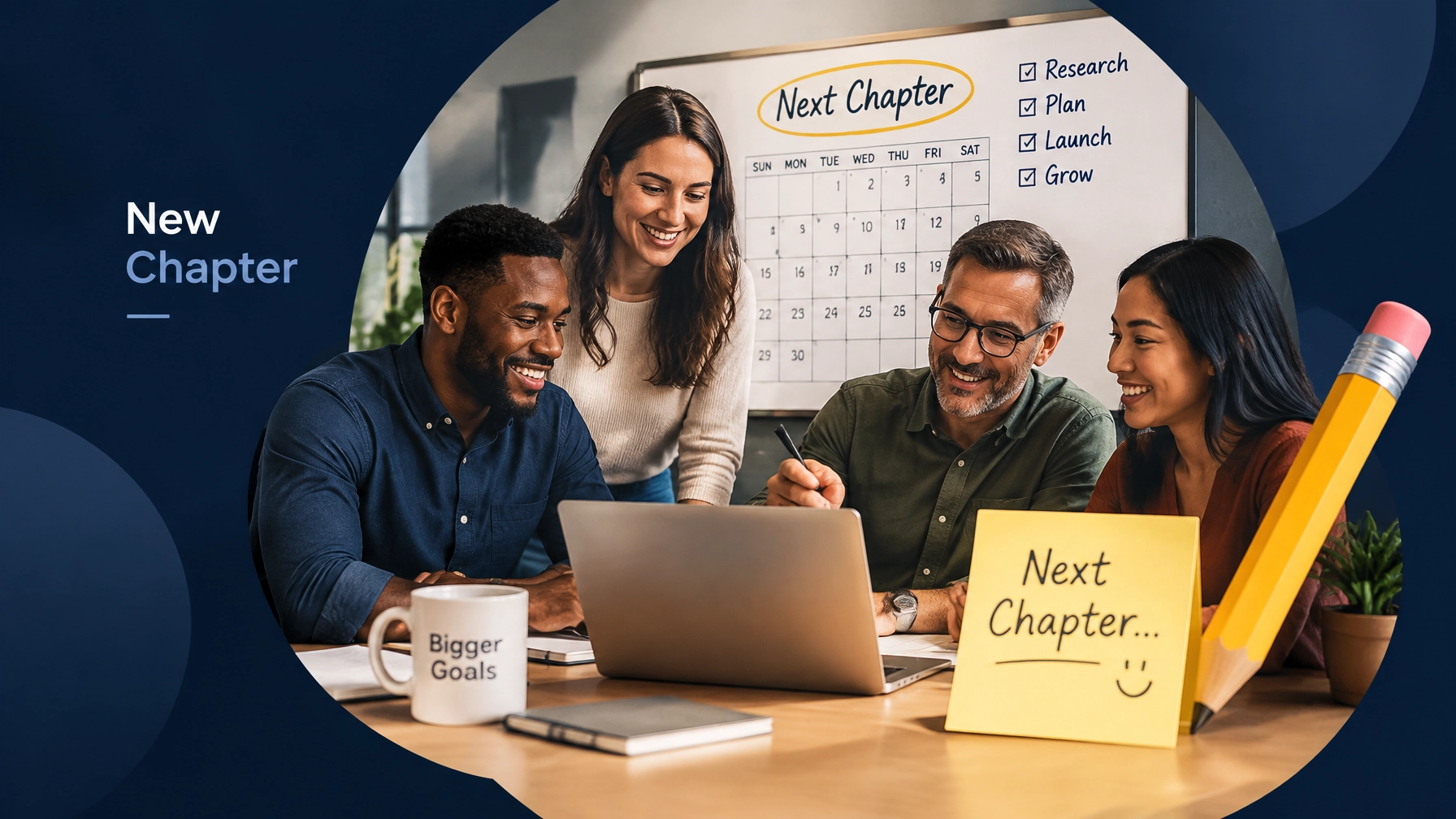 A diverse team plans the next business chapter around a wall calendar and laptop with an oversized checklist pencil adding a light humorous touch