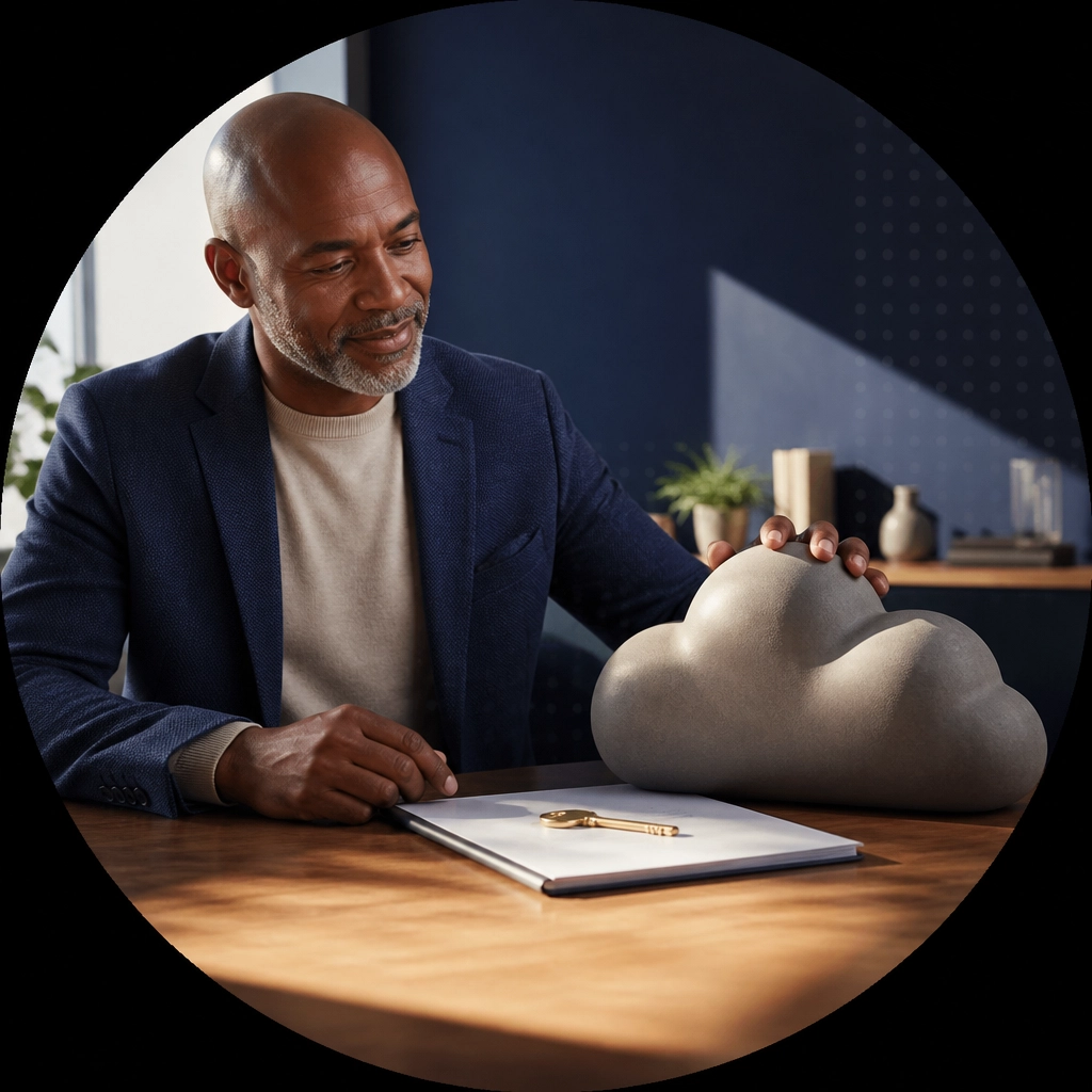 A mature professional gently moves a gray cloud-shaped paperweight aside to reveal a business key and plan