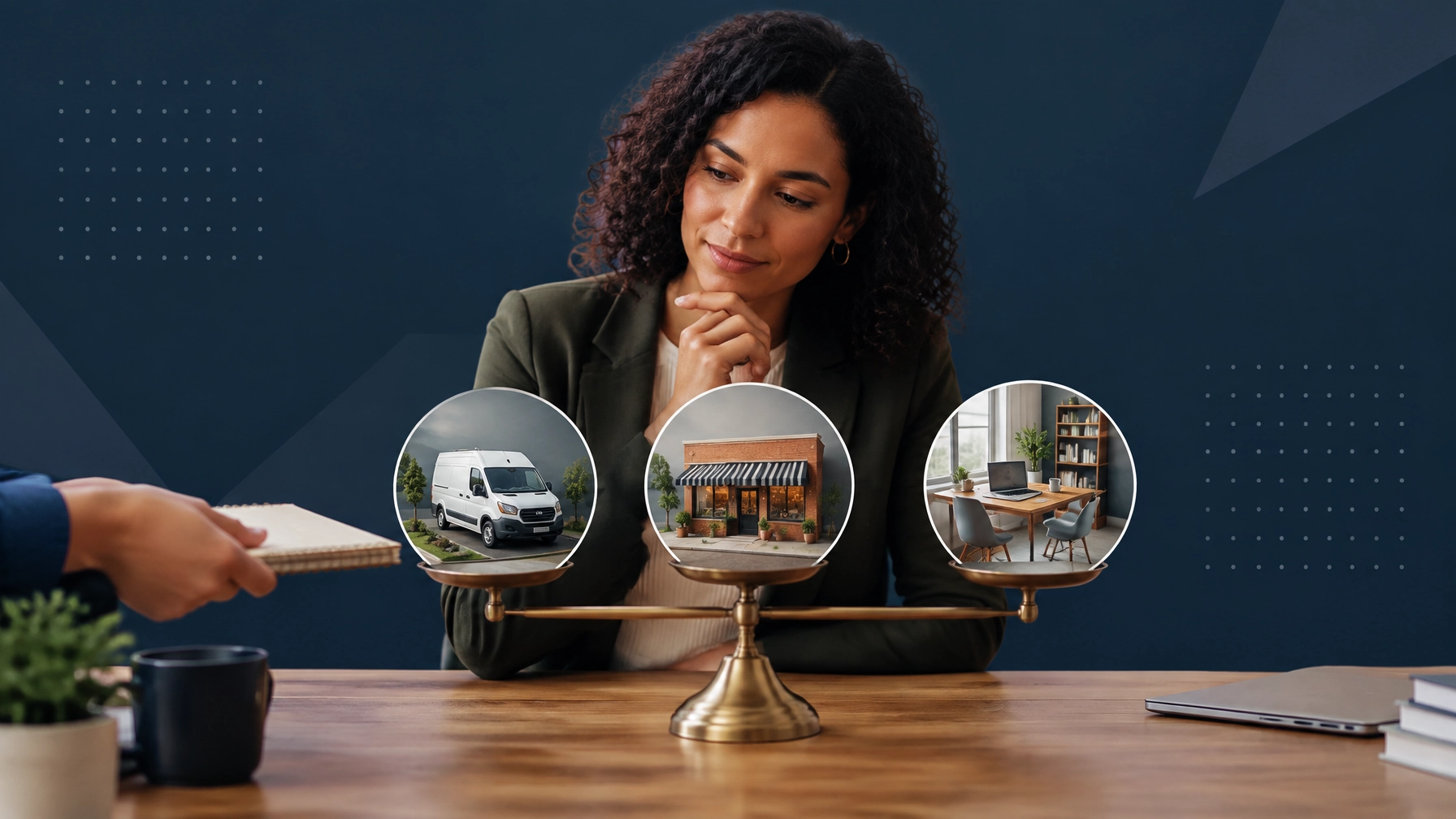 Entrepreneur comparing a mobile service business, storefront, and home office on a balanced scale