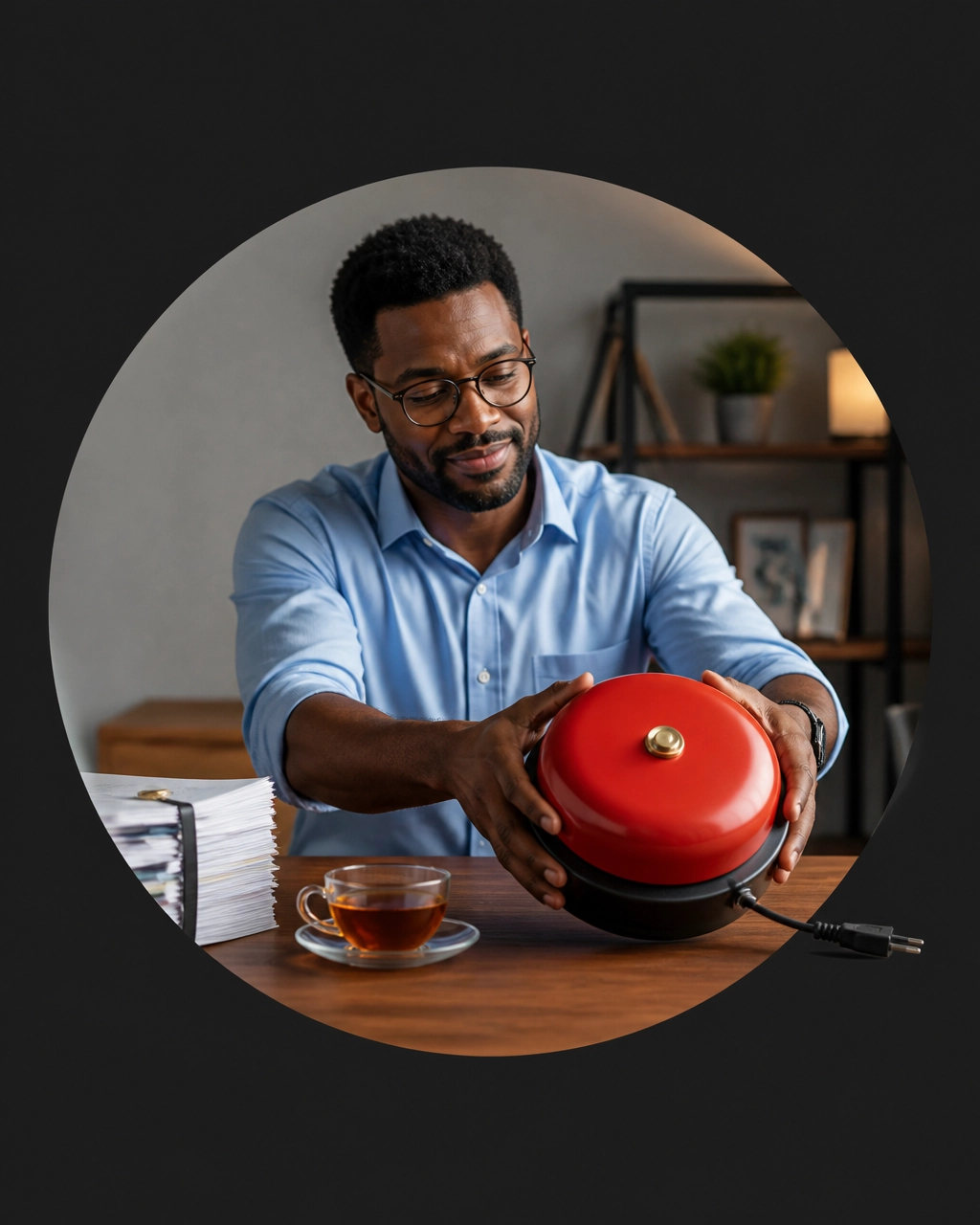 A burned-out professional sets aside an unplugged oversized alarm bell next to franchise paperwork and tea, signaling healthier boundaries