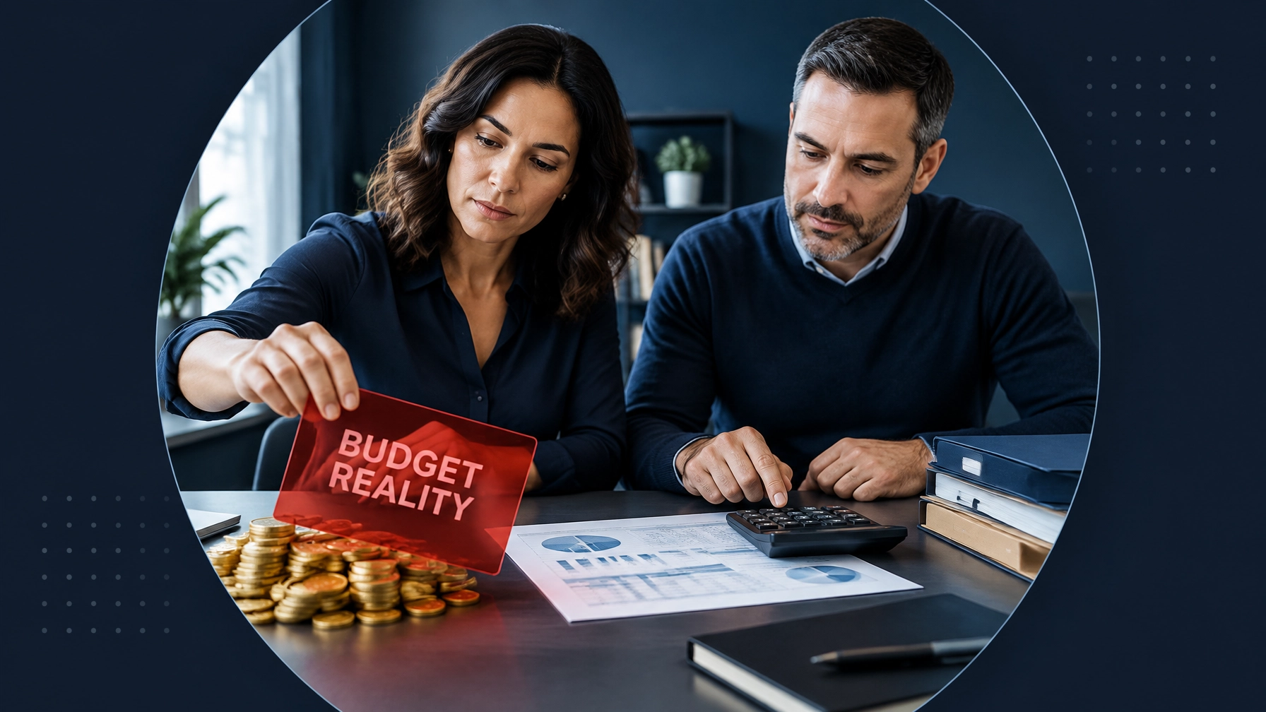 A professional couple reviewing a franchise budget while one moves a red budget reality card away from their financial plan