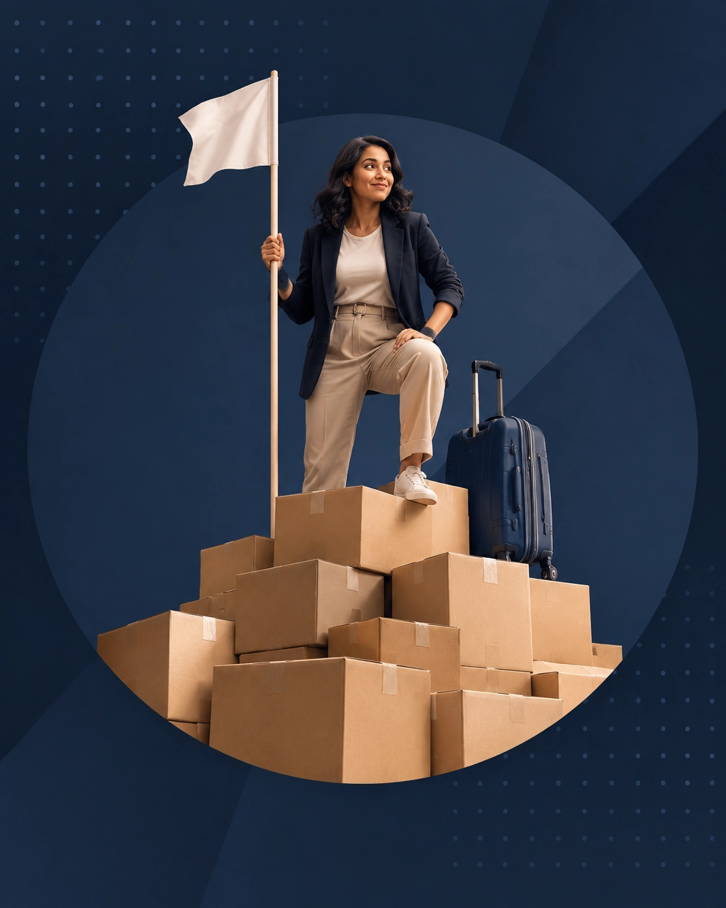 Professional standing on moving boxes and planting a flag during a fresh start