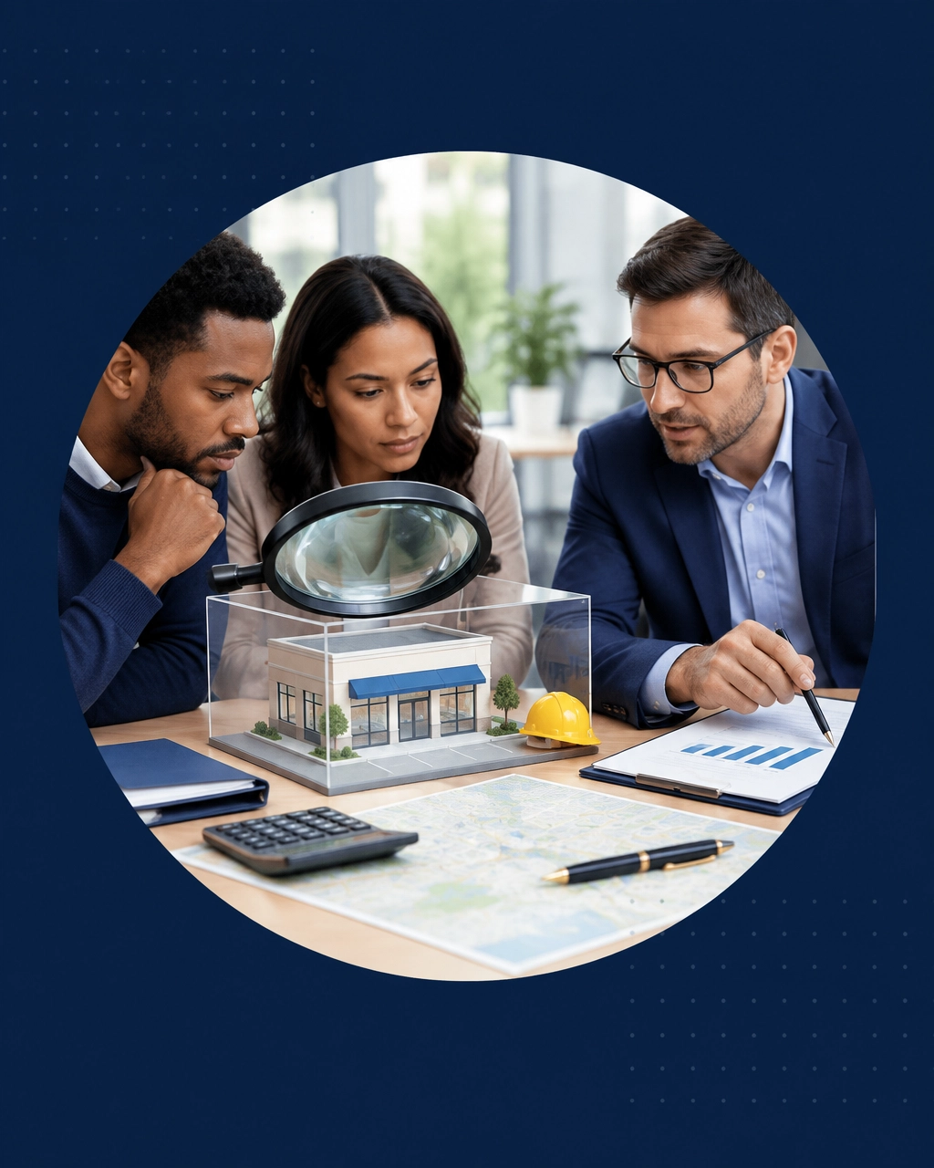 Prospective owners and an advisor examine a miniature storefront with a magnifying glass, financial documents, and a market map