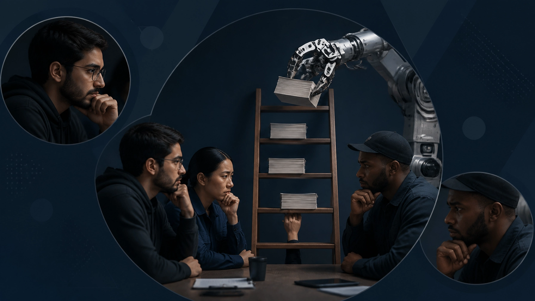 A robotic arm removes rungs from a career ladder while IT, manufacturing, and trucking workers watch