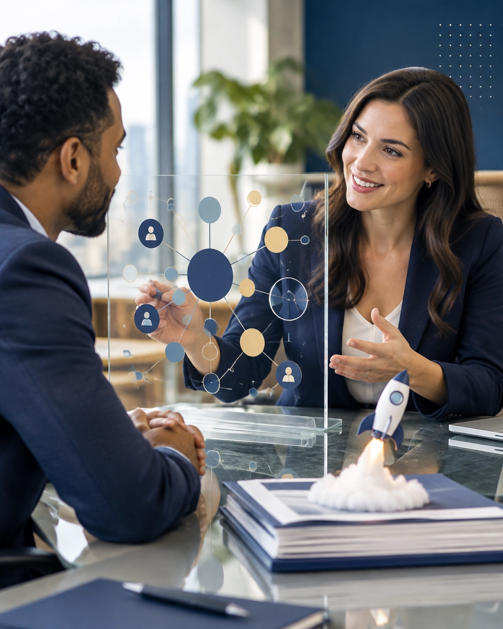 A prospective owner meets with a franchise consultant while a visual matchmaking map and small rocket represent a new business launch