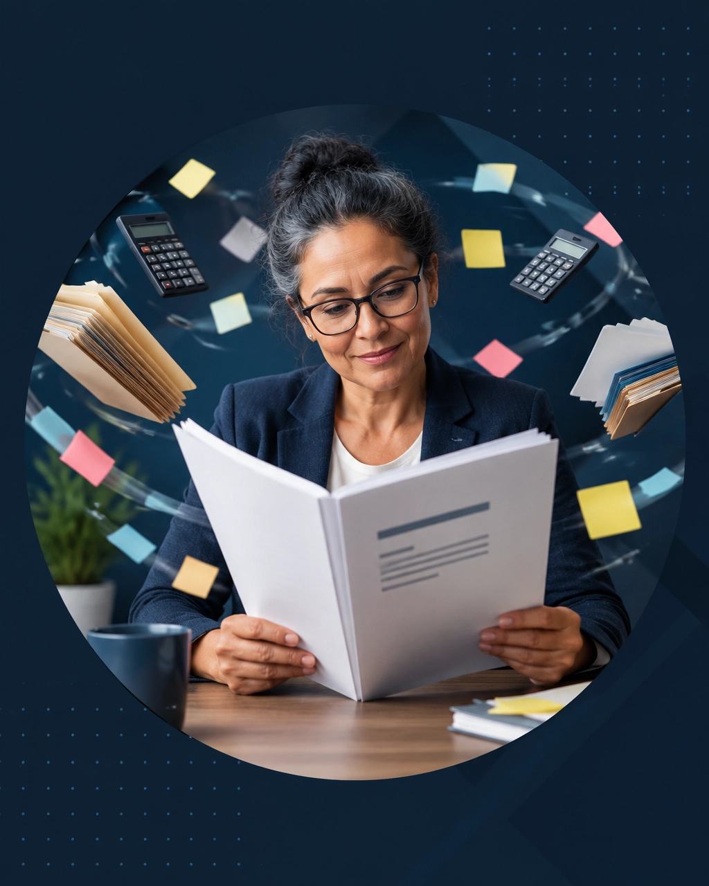 Professional calmly reading an FDD while paperwork and calculators swirl around her