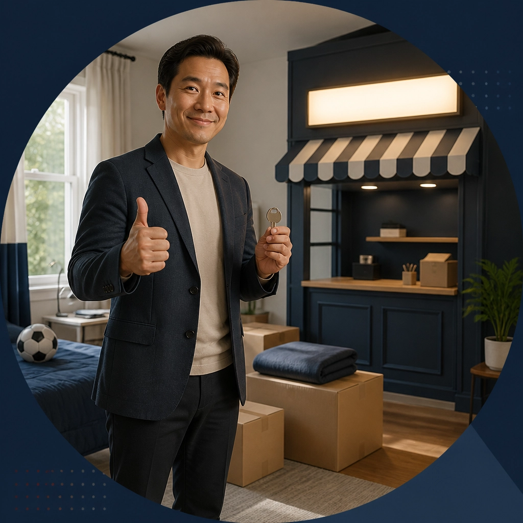 A confident Asian American parent transforms a former child’s bedroom and moving boxes into a compact franchise storefront