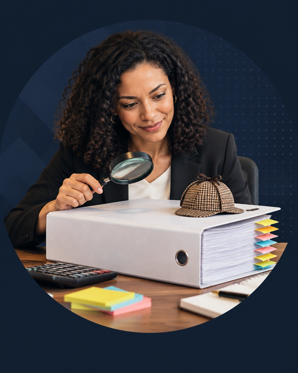 Prospective owner examining an oversized franchise disclosure binder with a magnifying glass