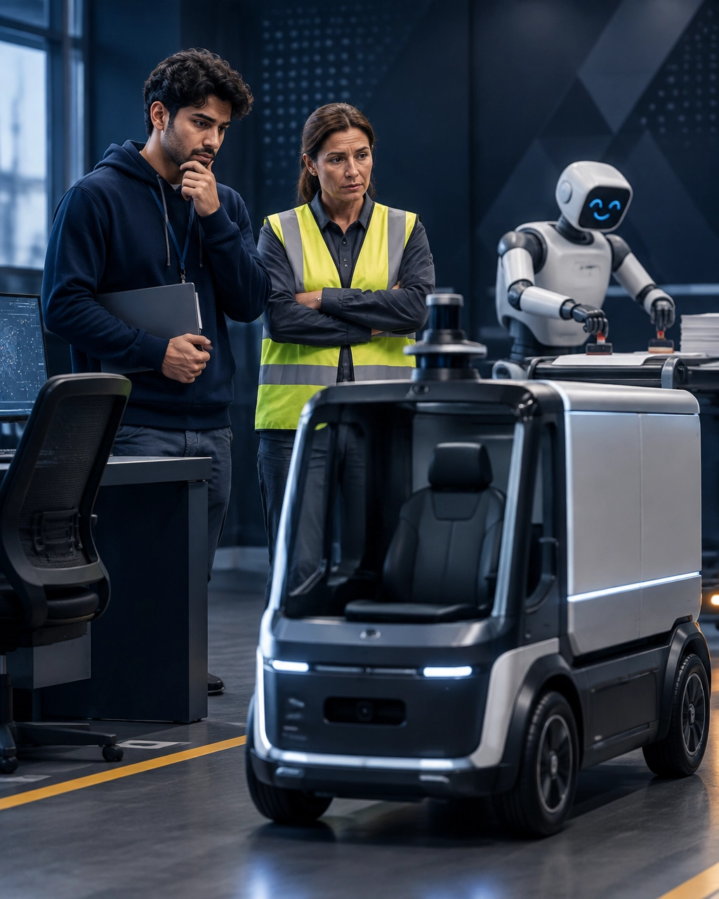An IT professional and manufacturing supervisor watch automation take over a production environment while an autonomous vehicle works nearby