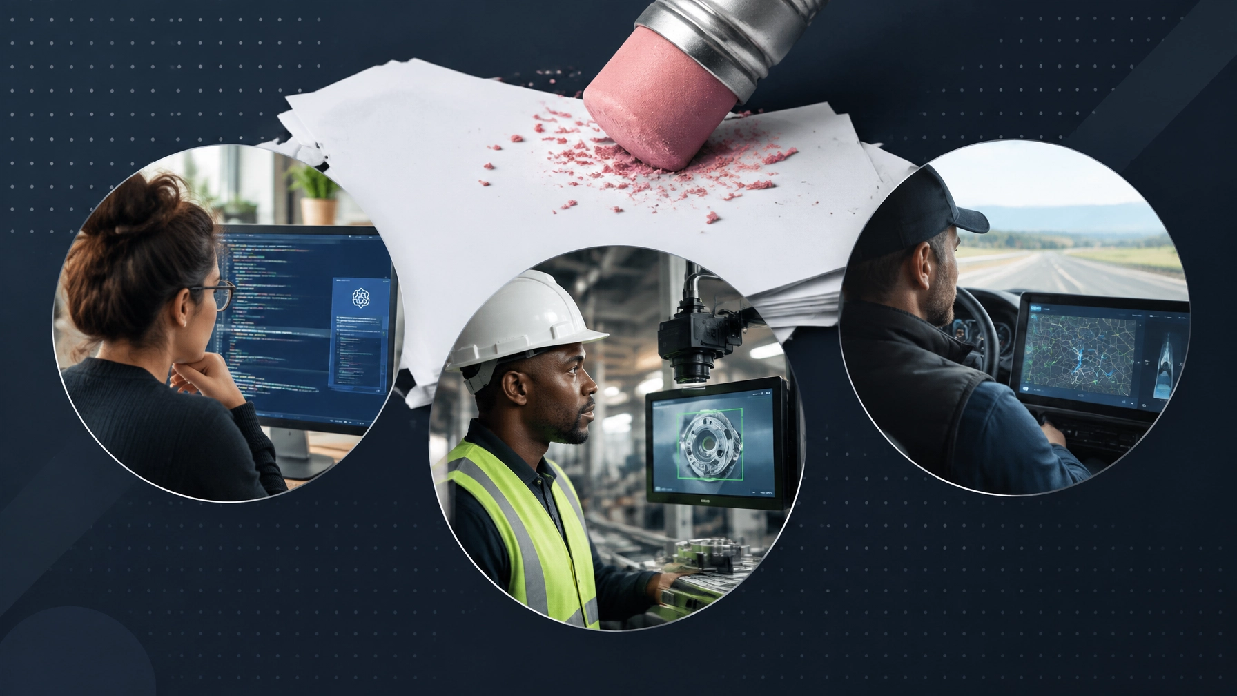 AI and automation represented through coding, manufacturing inspection, trucking, and a giant eraser removing routine job tasks