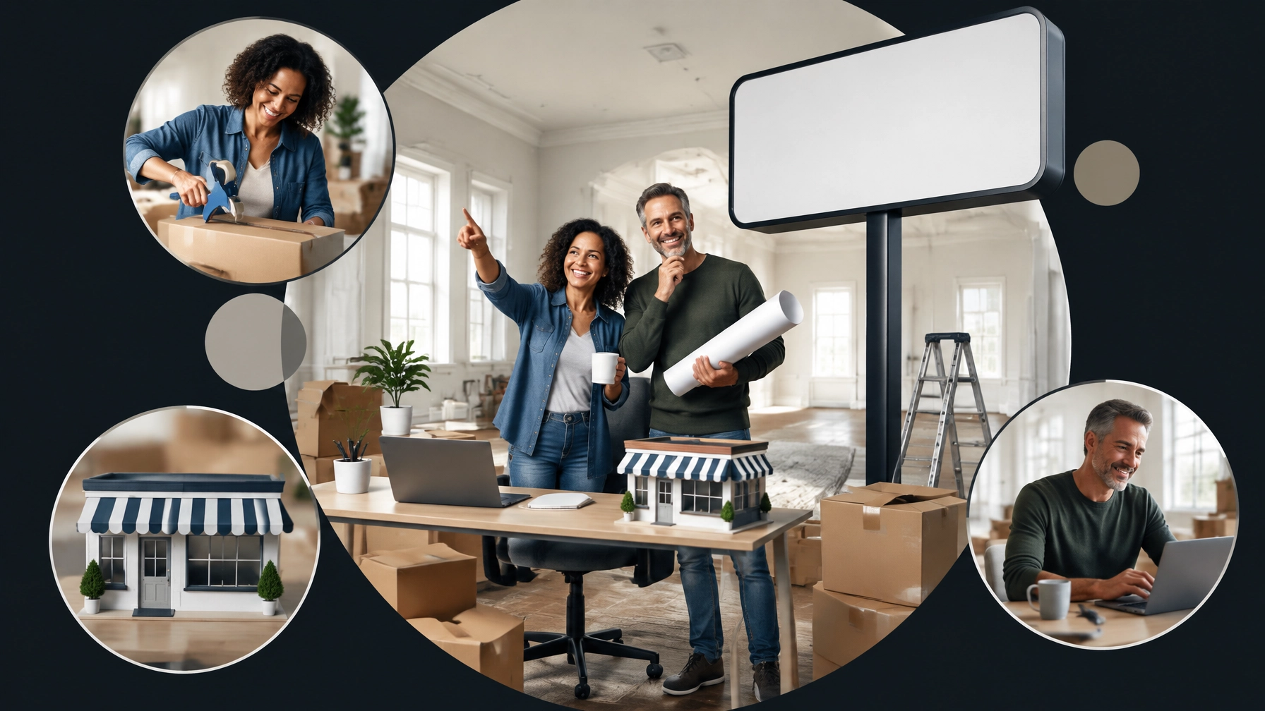 Mature couple converting an oversized empty bedroom into a cheerful small-business command center with boxes, a desk, a storefront model, and a blank oversized sign