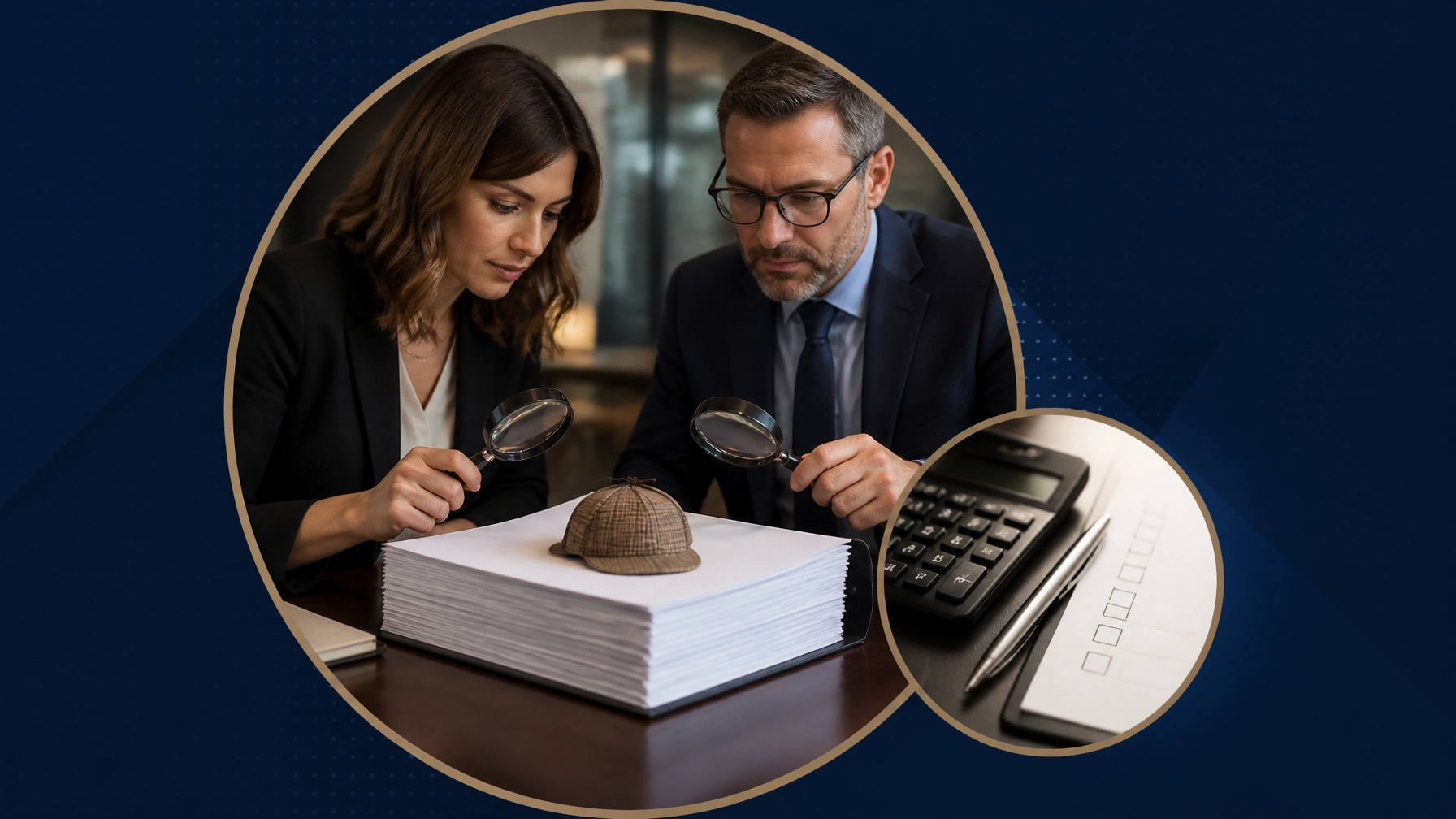 A franchise attorney and CPA reviewing a thick disclosure document with magnifying glasses and a tiny detective hat