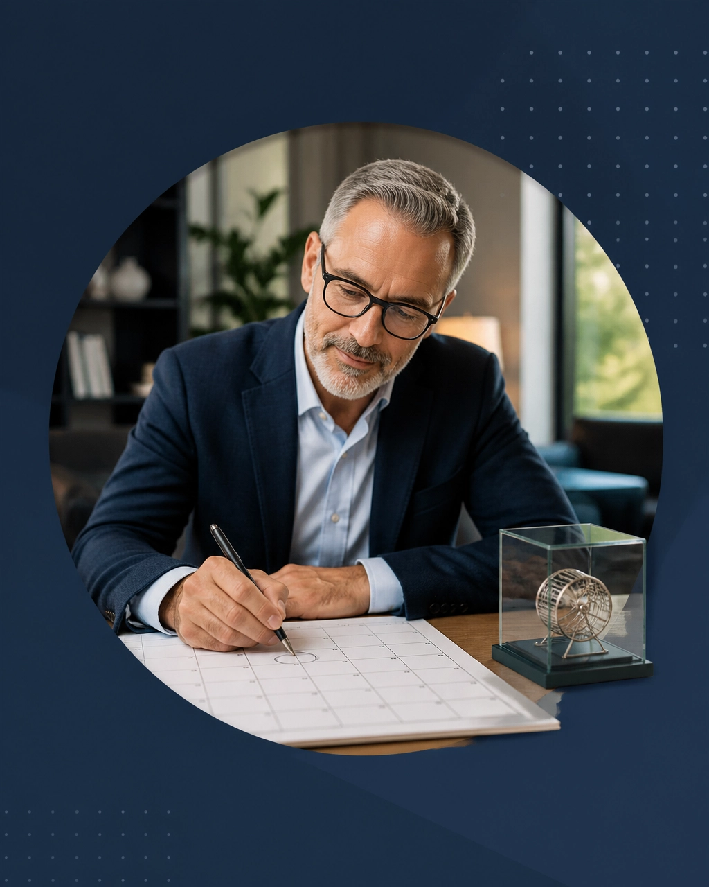 Older professional reviewing a calendar while a parked hamster wheel represents control over time after burnout or empty nesting