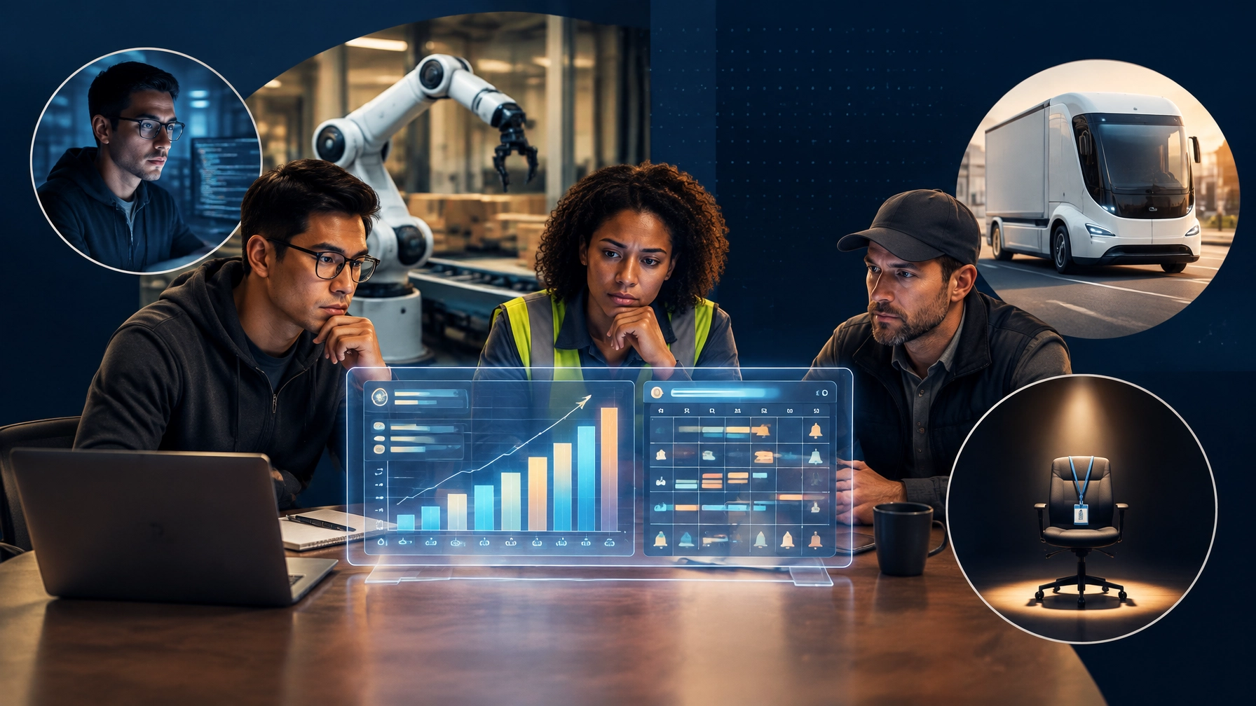 IT, manufacturing, and logistics professionals reviewing automation-driven layoff data