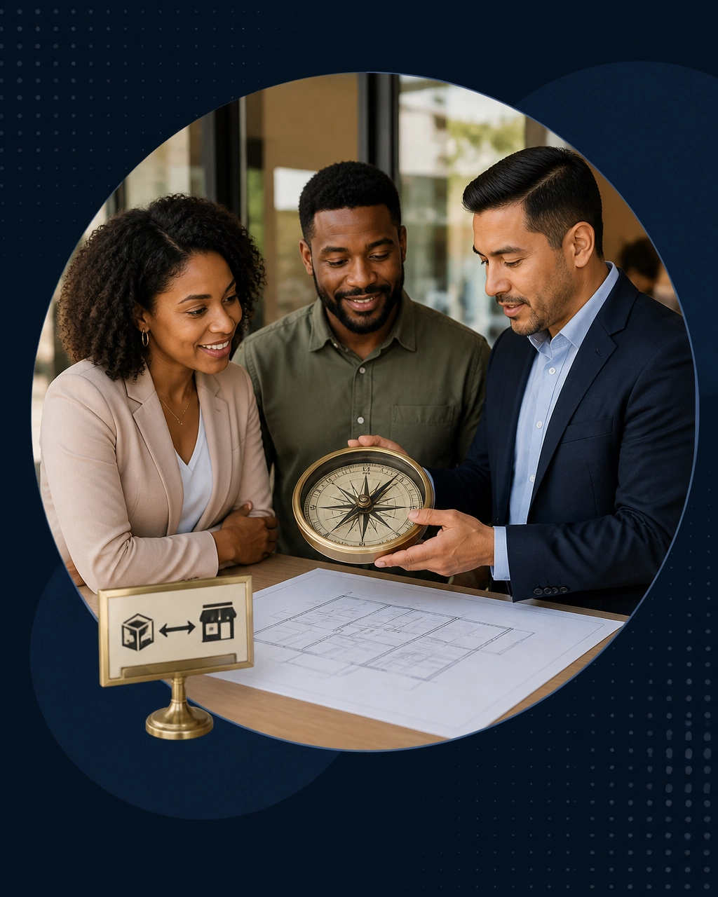 Professionals examine a compass and storefront blueprint while planning a transition from employment to business ownership