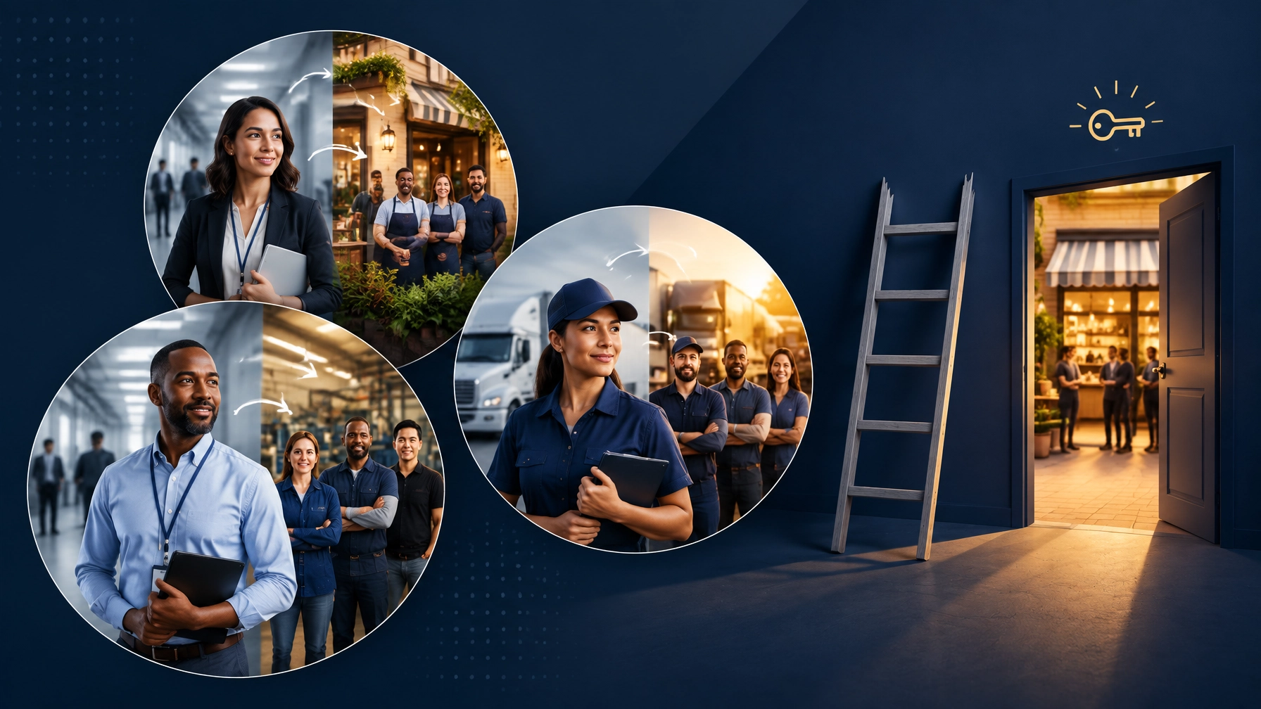 Professionals from technology, manufacturing, and logistics move from a corporate corridor toward a staffed local business through an open doorway, representing the pivot to ownership.