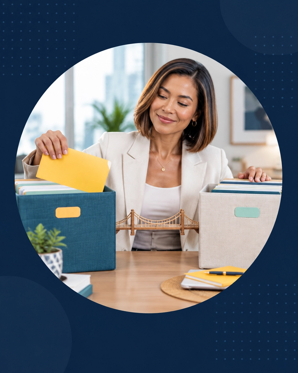 Professional sorting financial folders and moving toward a fresh business workspace
