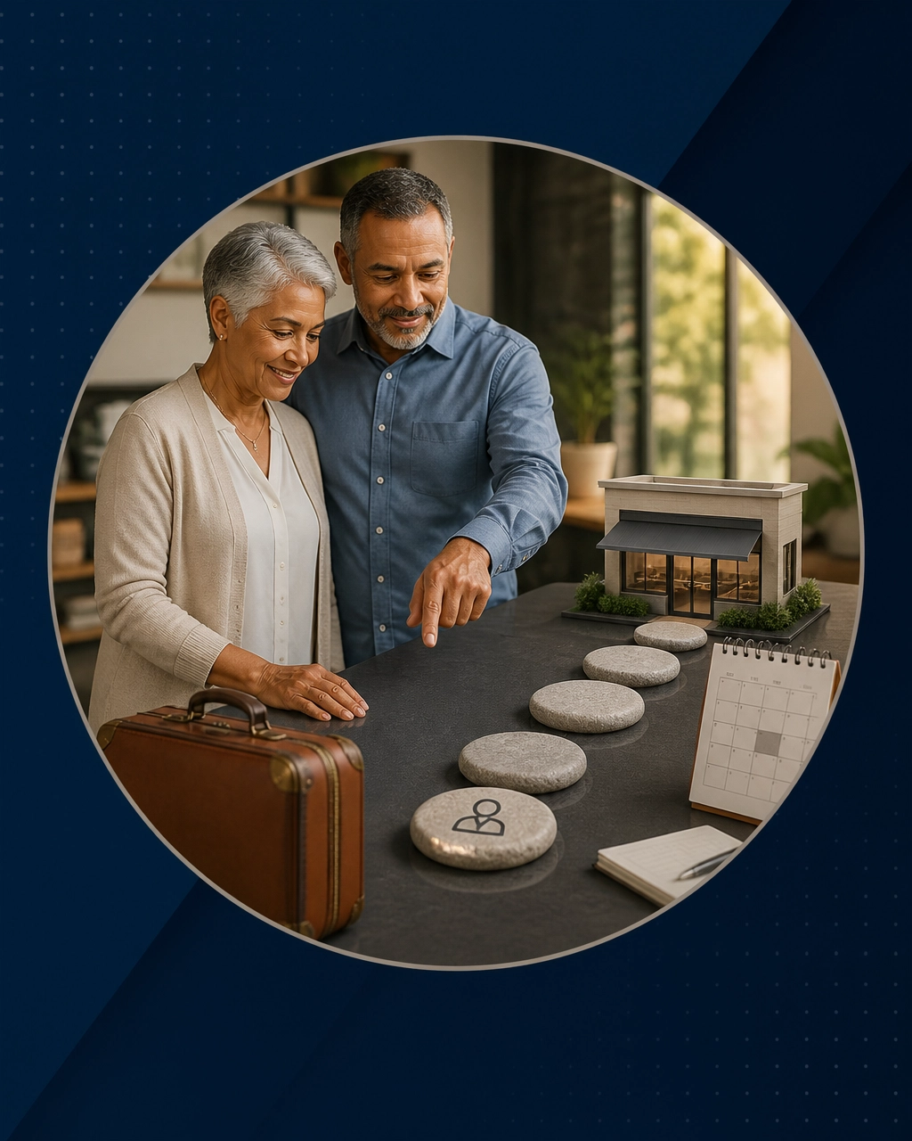 A mature couple studies a planned path of stepping stones toward a small storefront model while a suitcase and calendar represent a thoughtful business transition