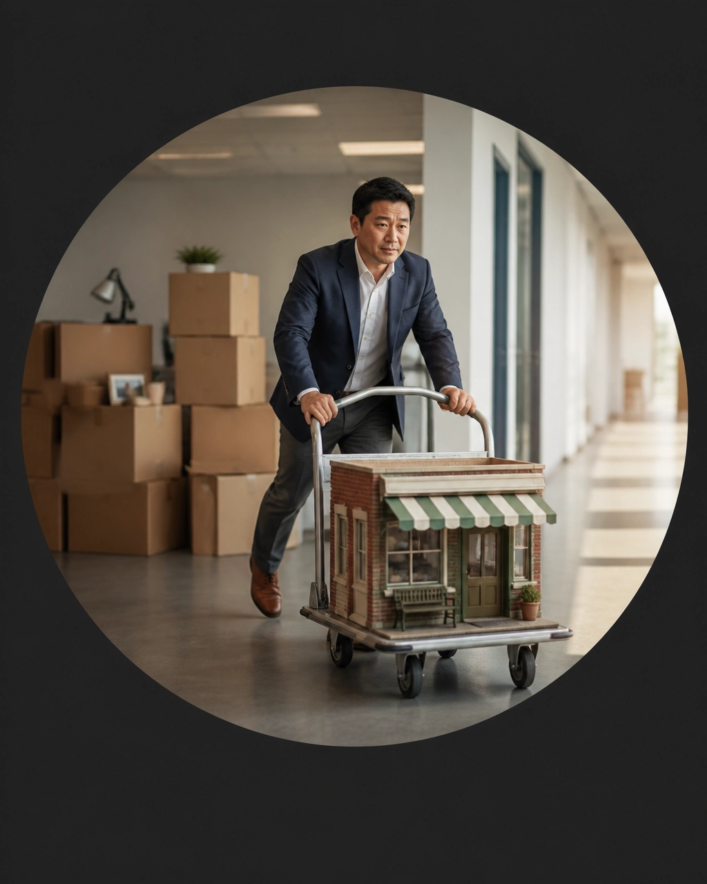 A laid-off professional pushes a miniature storefront on a cart away from office boxes toward a brighter hallway