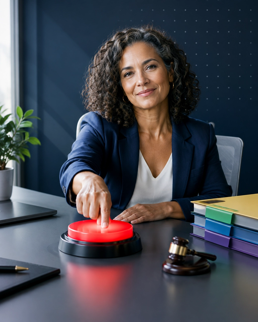 Professional woman pressing an oversized reset button in a modern office after a major life transition