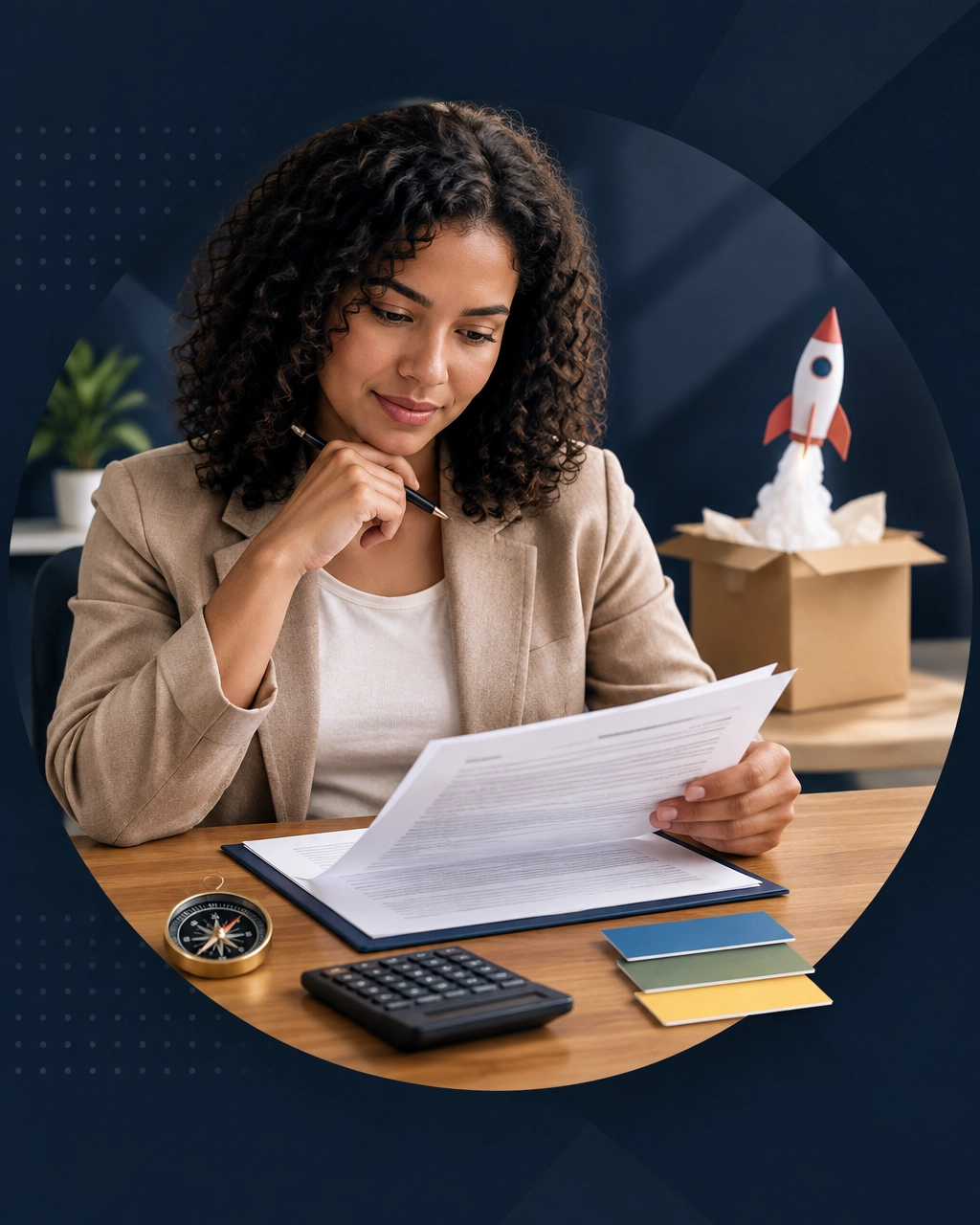 Entrepreneur reviewing franchise documents with a compass, calculator, and paper rocket launching from a business box