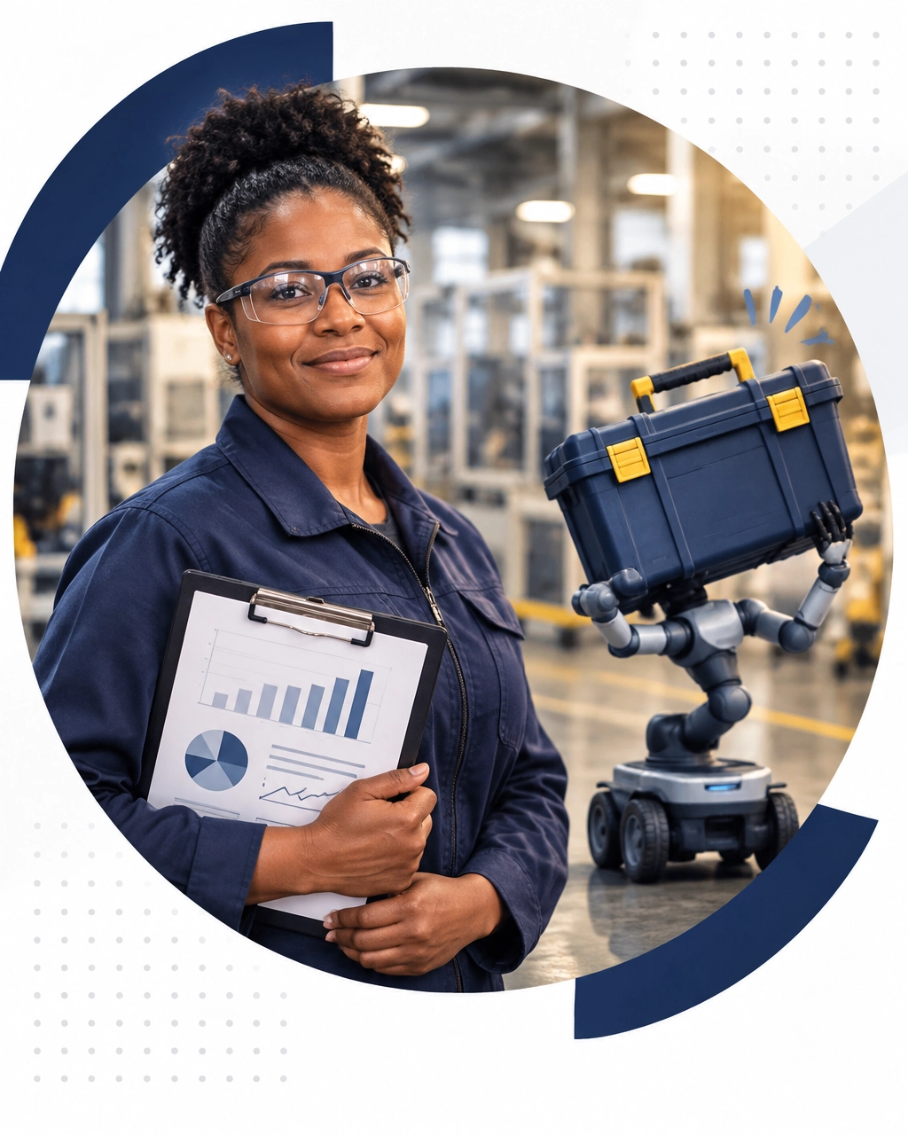 Manufacturing supervisor evaluating operations while a small robot struggles with an oversized toolbox