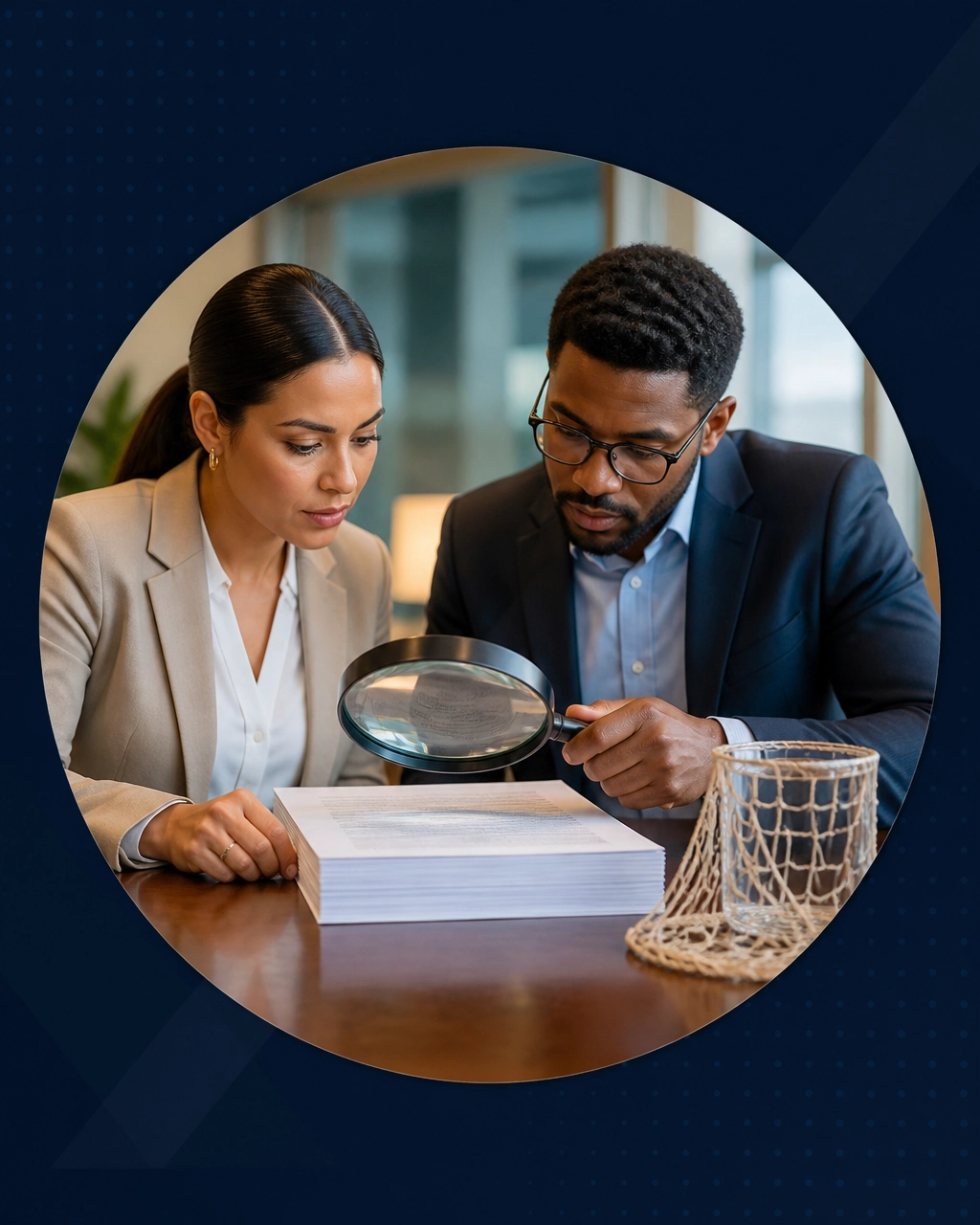 Two diverse professionals examining a thick franchise disclosure document with an oversized magnifying glass